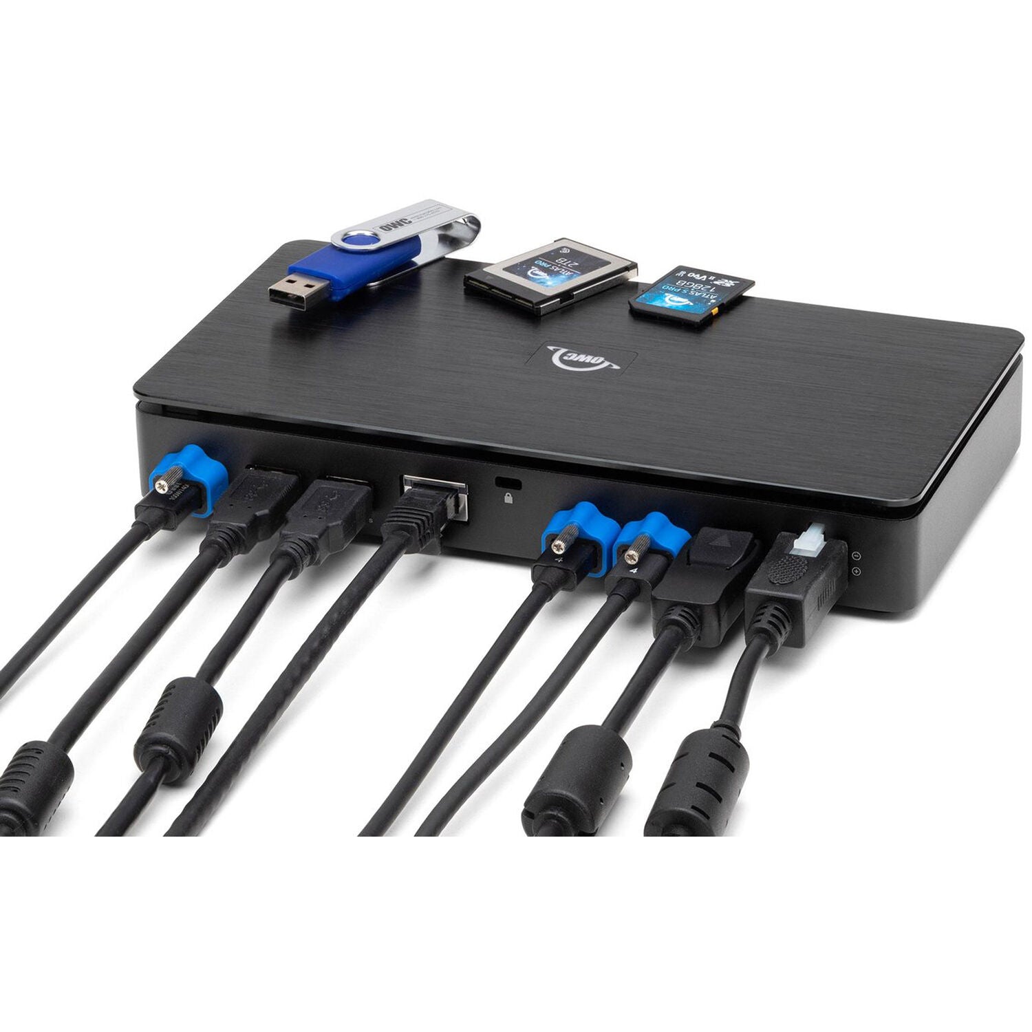 OWC Thunderbolt Pro Dock showing multiple ports and sleek black design on a white background.