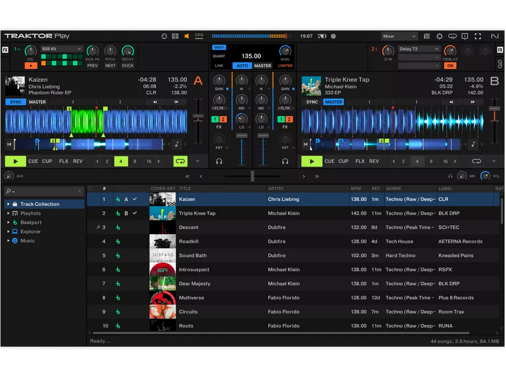 Native Instruments Traktor Play DJ software interface showing waveform displays and control panels.