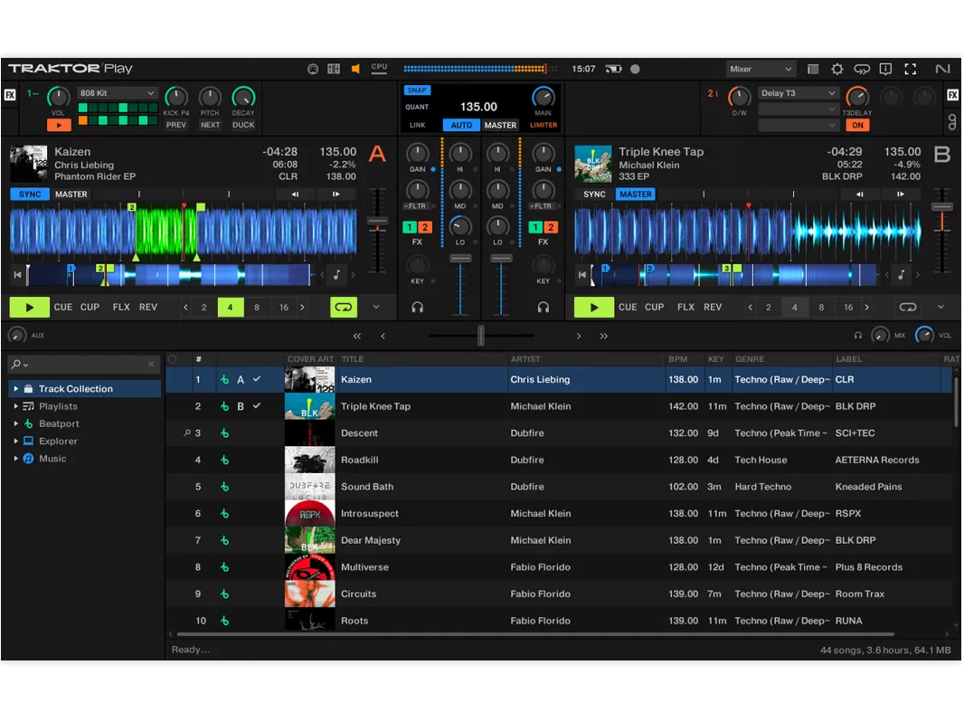 Native Instruments Traktor Play DJ software interface showing waveform displays and control panels.