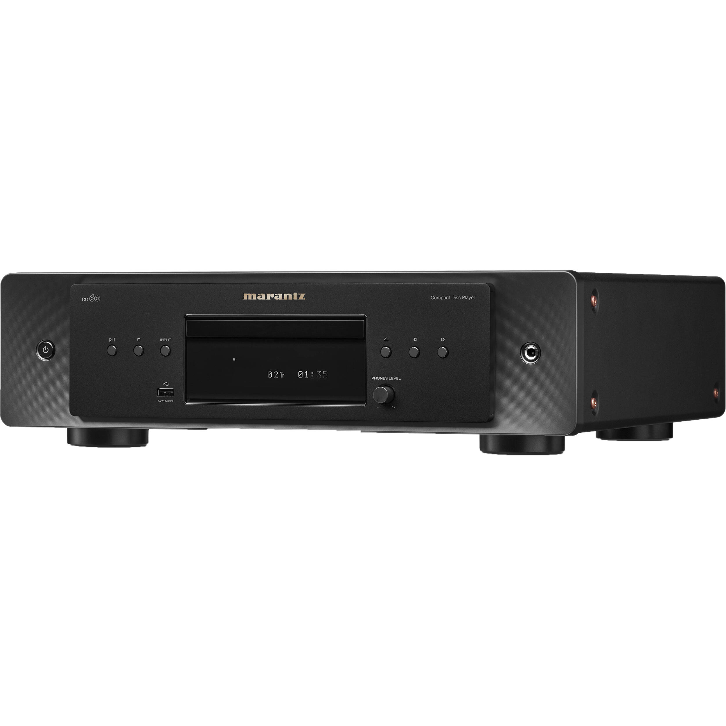 Marantz CD 60 CD player with silver finish and digital display, showcasing front panel controls and disc tray.