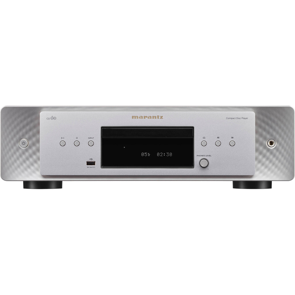 Marantz CD 60 CD player with a sleek black design, showcasing the front panel with control buttons and disc tray.