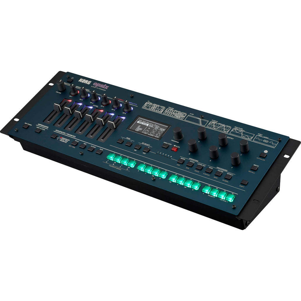 Korg Opsix synthesizer module with colorful control panel and knobs, showcasing its compact design and audio output ports.