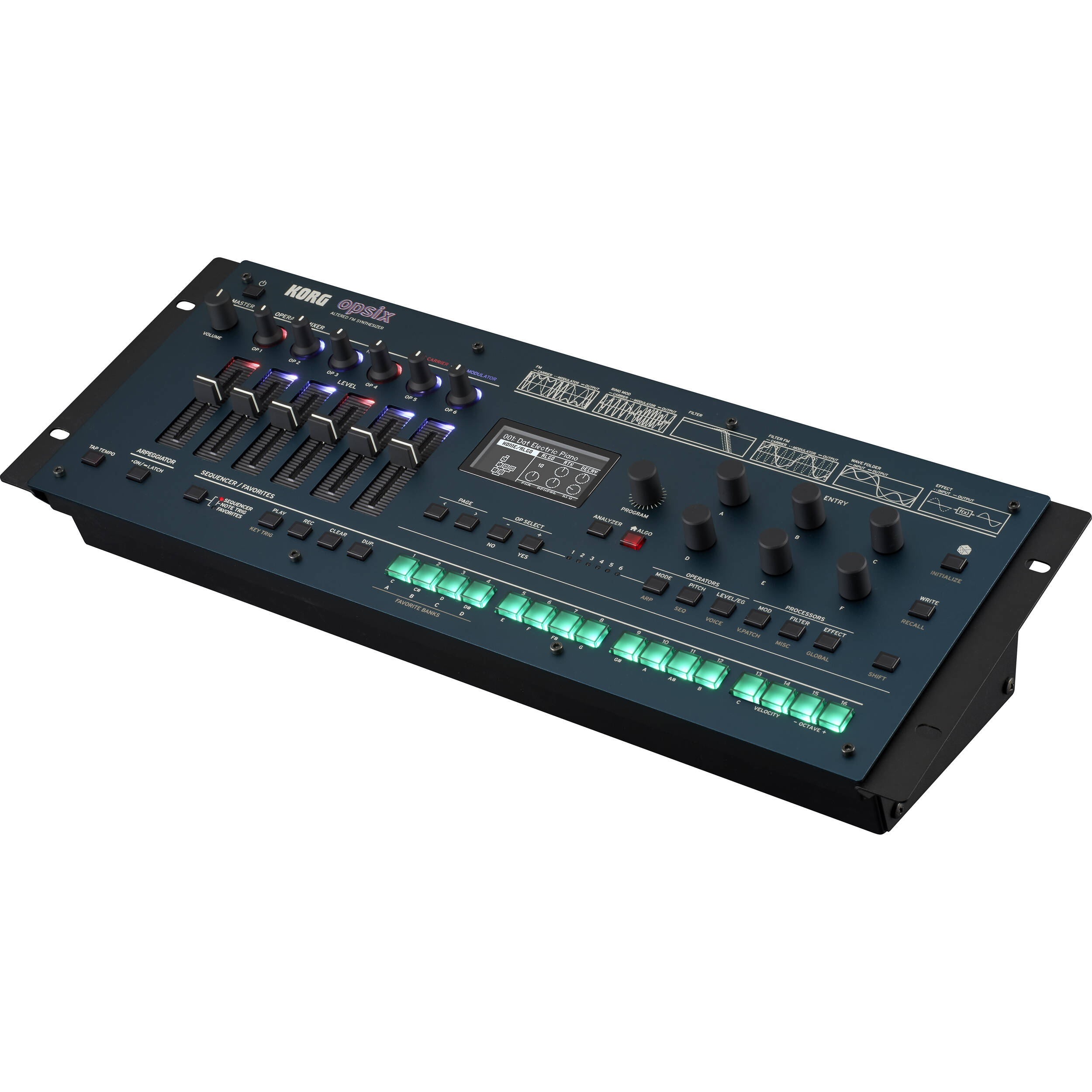Korg Opsix synthesizer module with colorful control panel and knobs, showcasing its compact design and audio output ports.