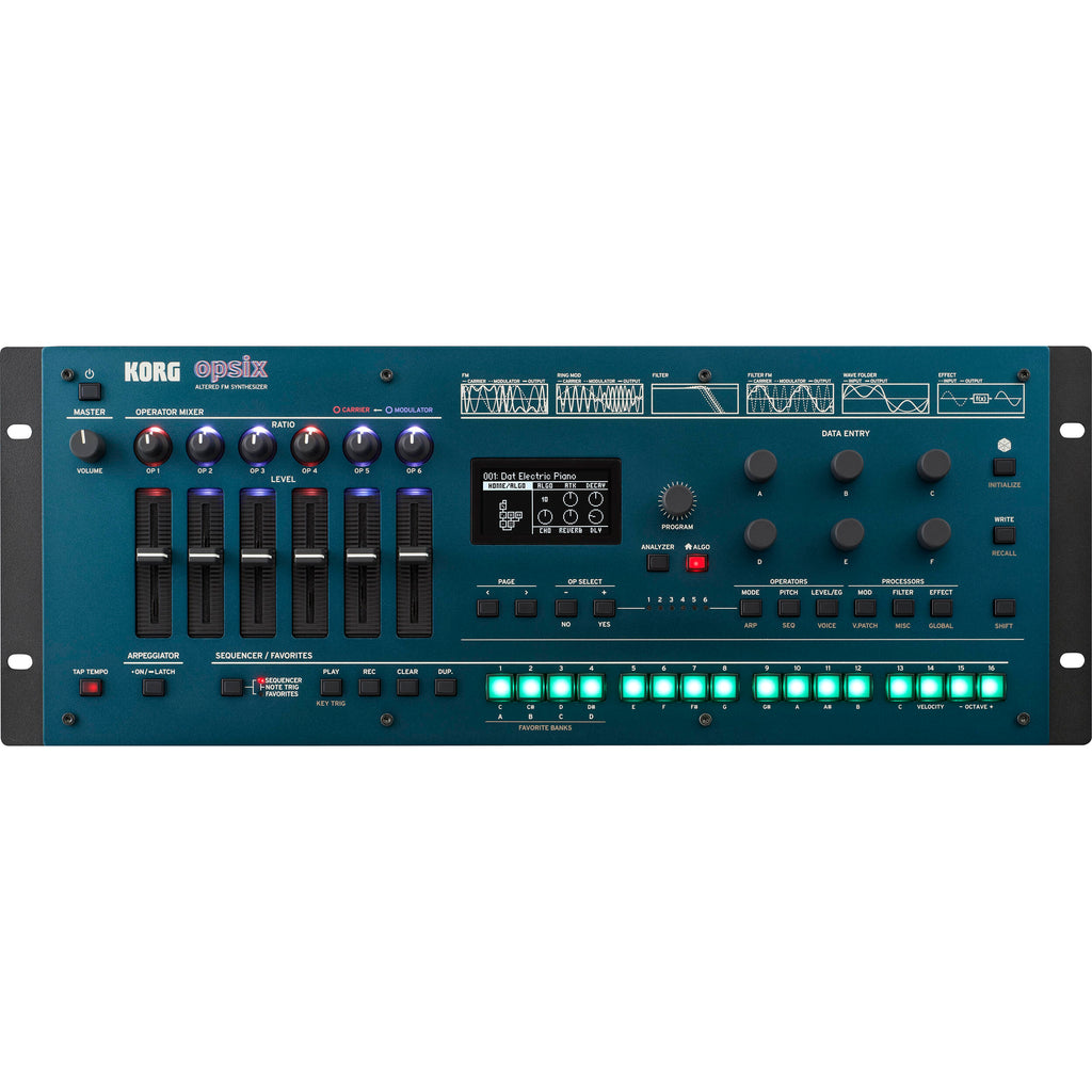 Korg Opsix synthesizer module with colorful control knobs and display, showcasing compact music production equipment.