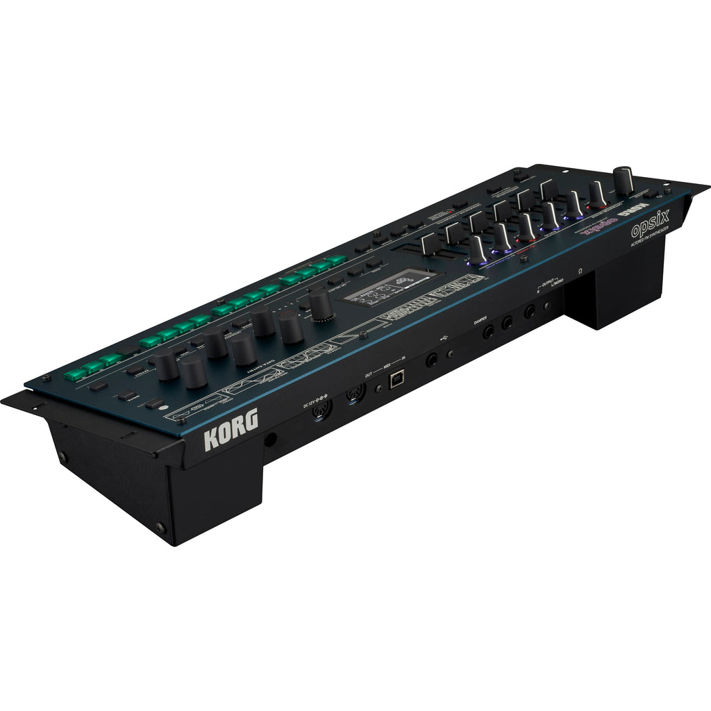 Korg Opsix synthesizer module with colorful controls and display, portable electronic music instrument on a white background.
