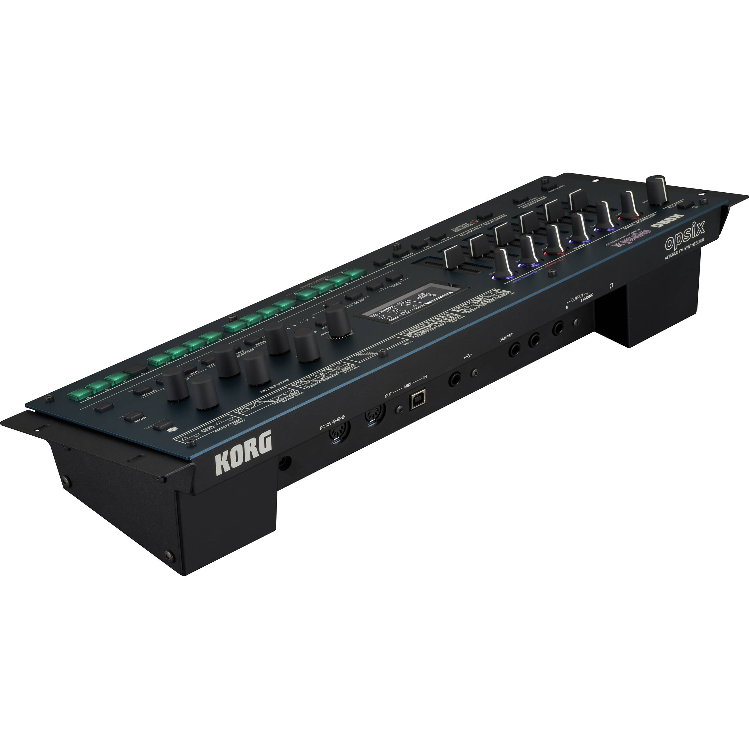 Korg Opsix synthesizer module with colorful controls and display, portable electronic music instrument on a white background.