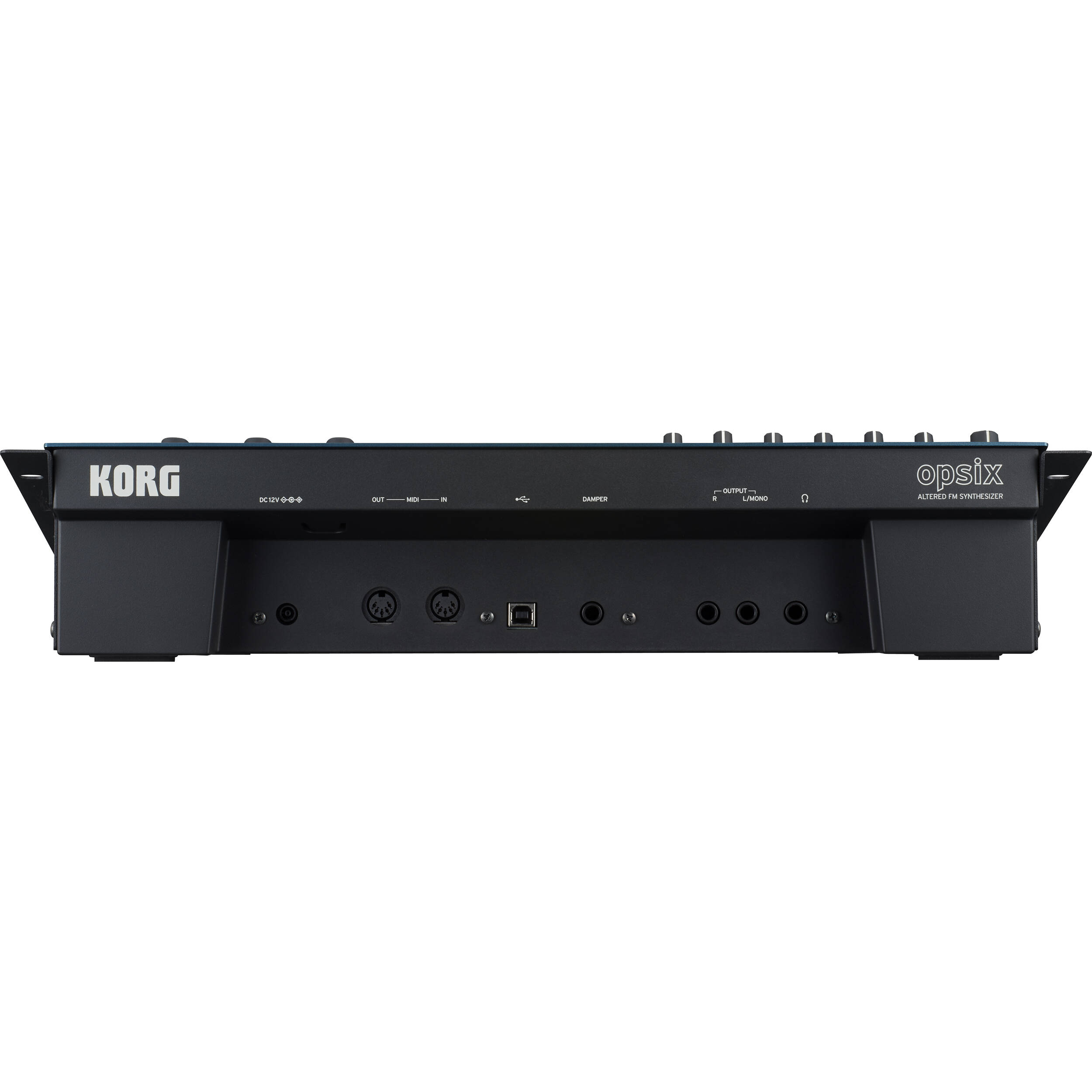 Korg Opsix synthesizer module with colorful control knobs and interface, showcasing its compact design for electronic music production.