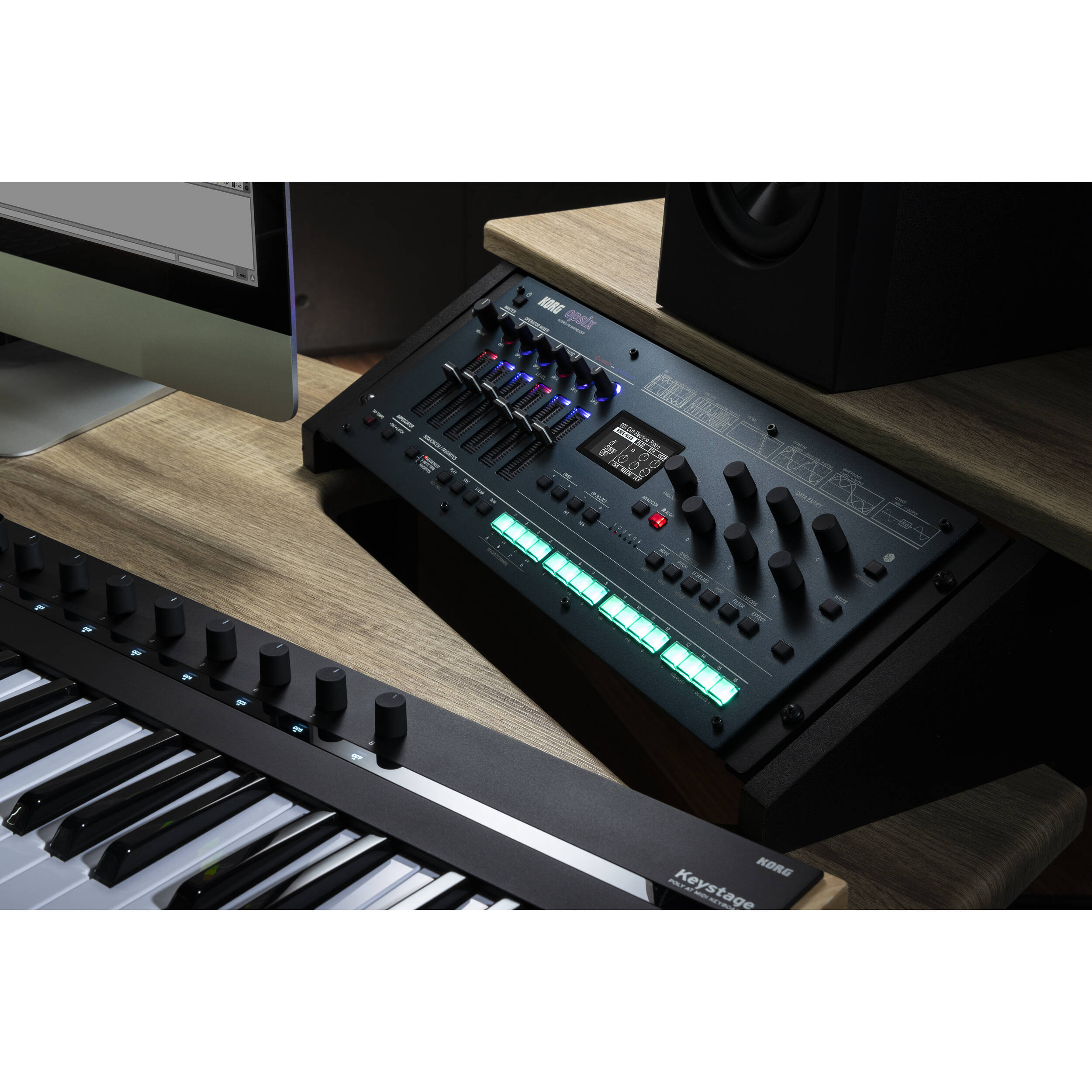 Korg Opsix synthesizer module with colorful control knobs and interface, designed for electronic music production.