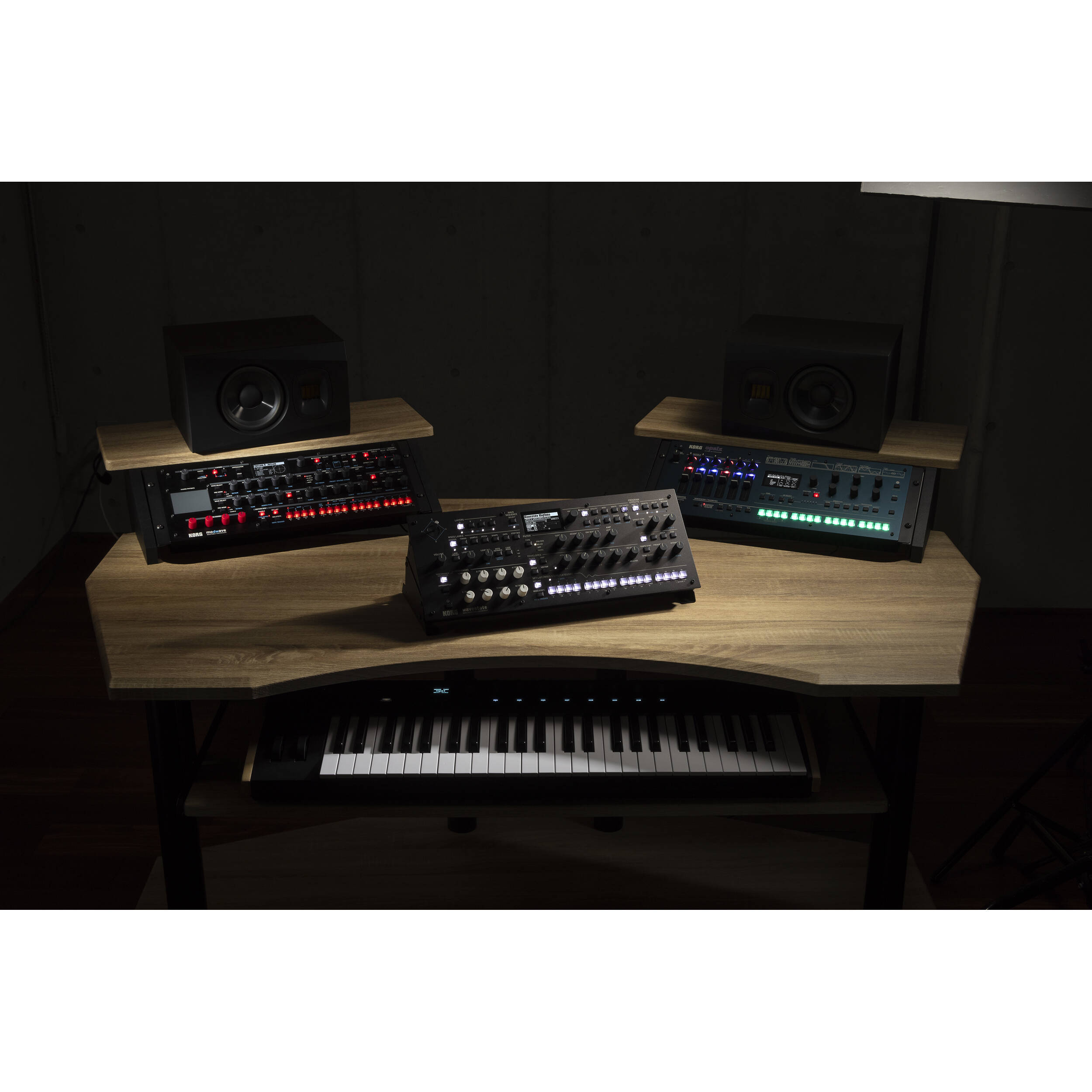 Korg Opsix synthesizer module with colorful control interface and knobs, designed for electronic music production.