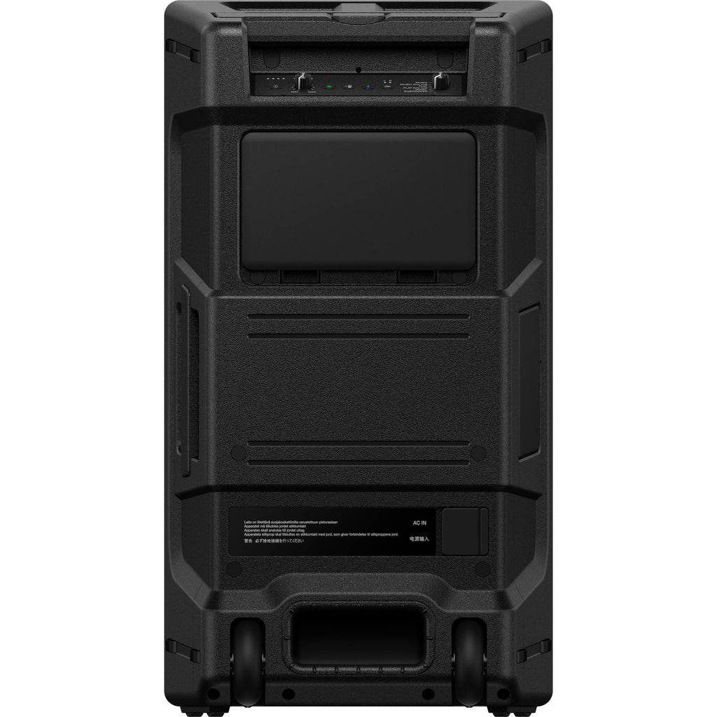 AlphaTheta Wave-Eight battery-powered loudspeakers with sleek design and controls, ideal for portable audio use.