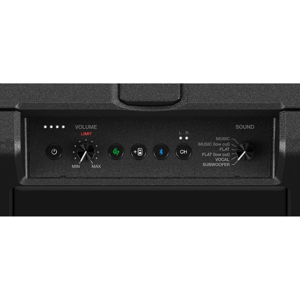 AlphaTheta Wave-Eight battery-powered loudspeakers with sleek design and dual speaker setup for portable high-quality sound.