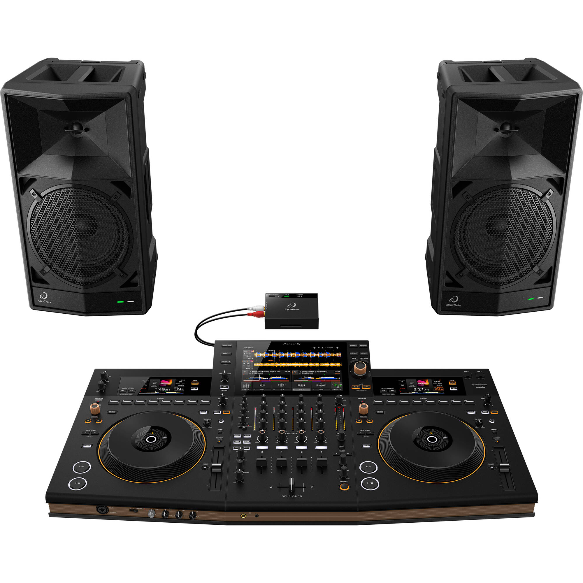 AlphaTheta Wave-Eight battery-powered loudspeakers with sleek design and control knobs, ideal for portable audio use.