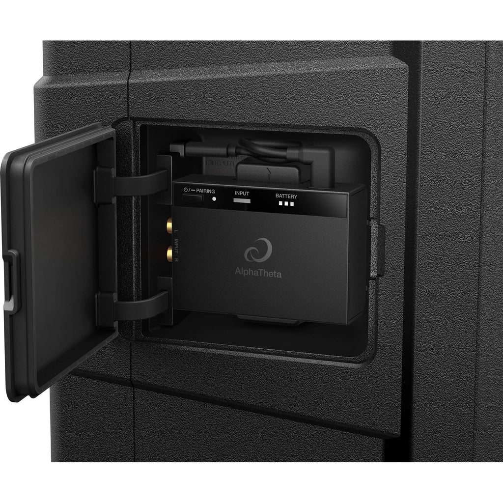 AlphaTheta Wave-Eight battery-powered loudspeakers with sleek design and control panel, ideal for portable audio use.