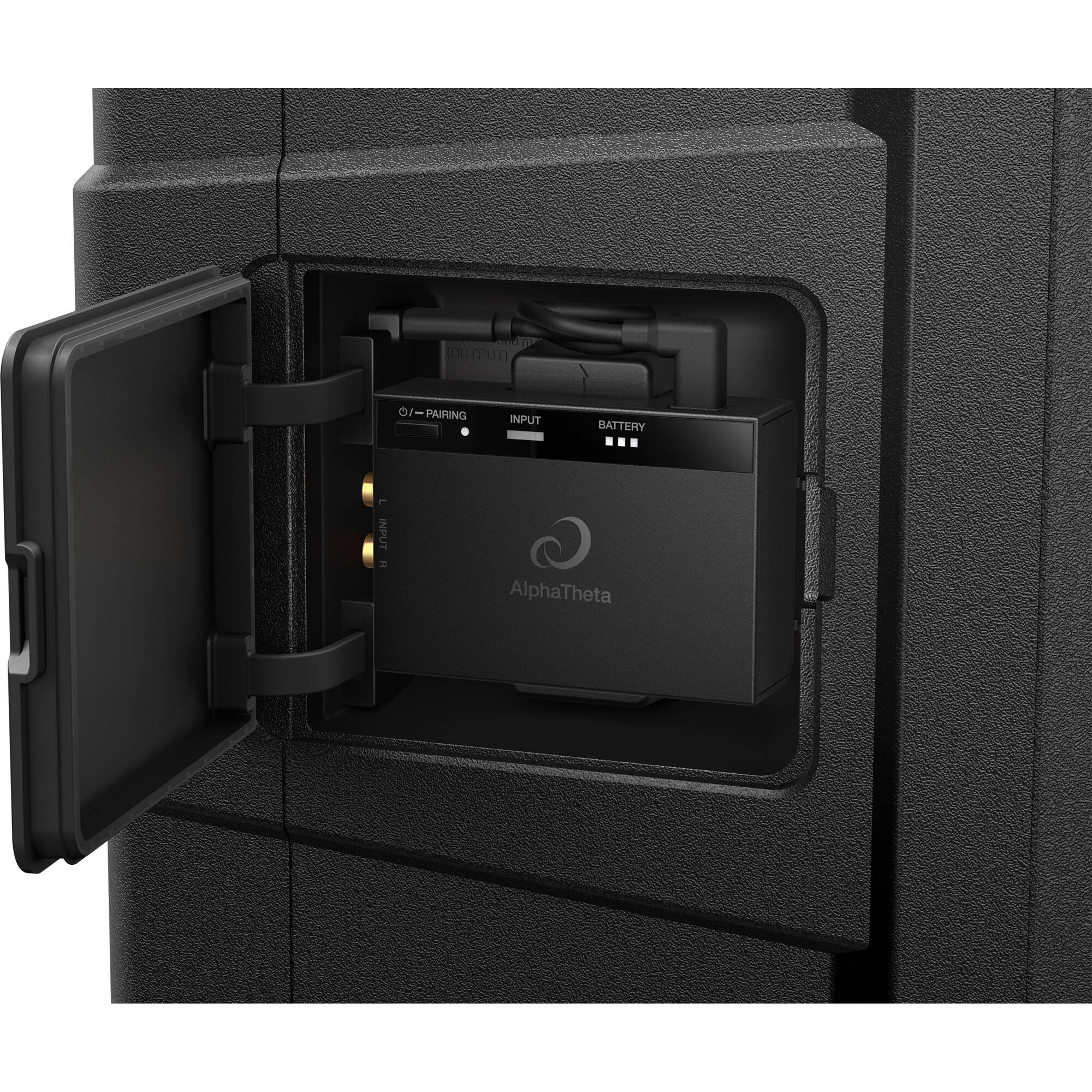 AlphaTheta Wave-Eight battery-powered loudspeakers with sleek design and control panel, ideal for portable audio use.