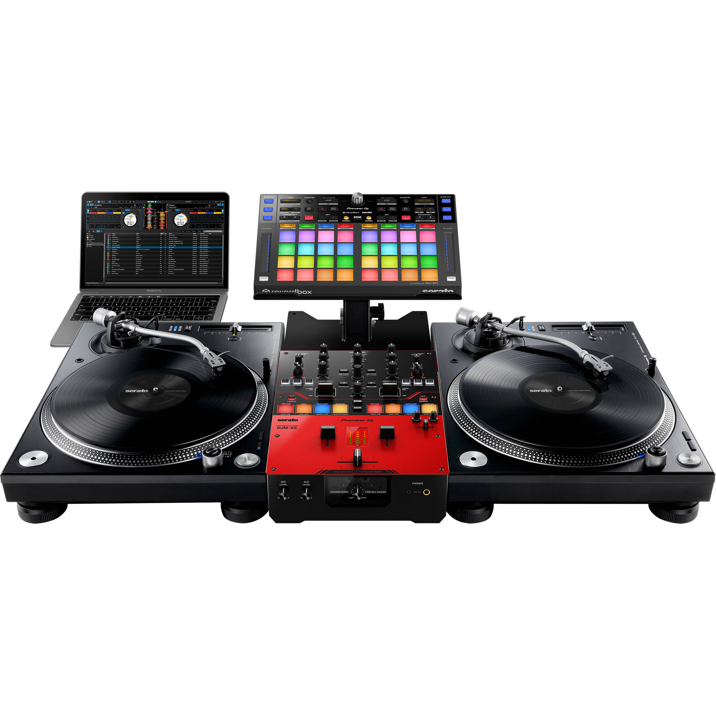 Pioneer DJM-S5 DJ mixer with sleek design, multiple knobs, and colorful LED indicators on a professional setup.