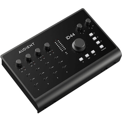 Audient iD44 MK2 audio interface with multiple input and output ports, digital controls, and sleek black design.