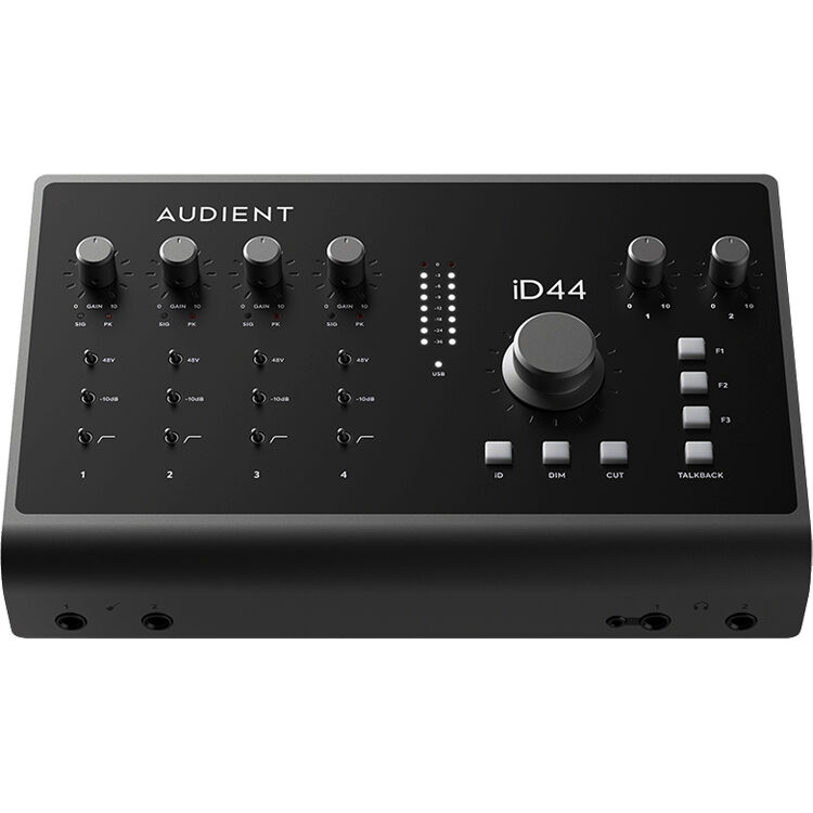Audient iD44 MK2 audio interface with multiple input/output ports and sleek black design for professional recording setups.