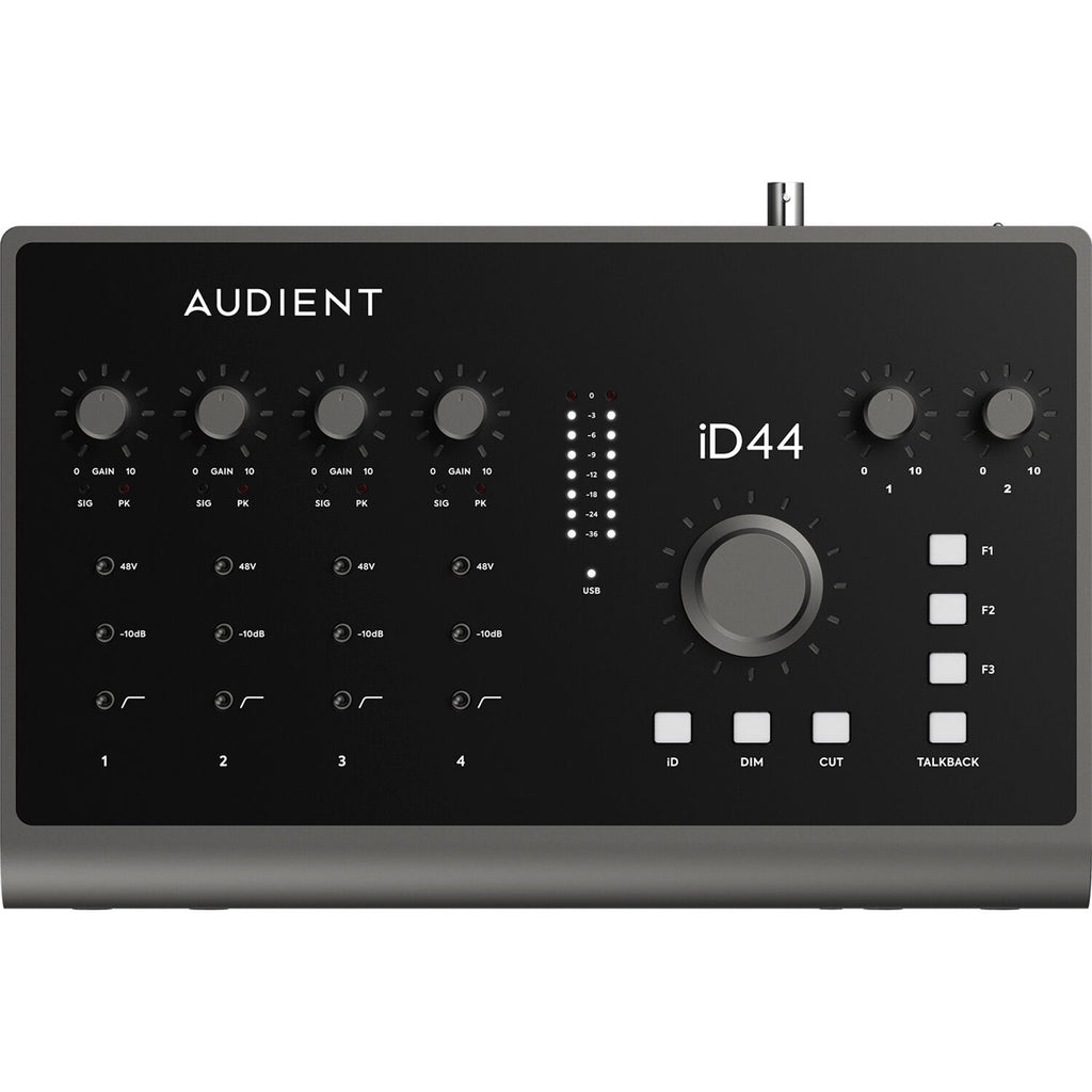 Audient iD44 MK2 audio interface with multiple input/output ports and sleek black design for professional recording setups.