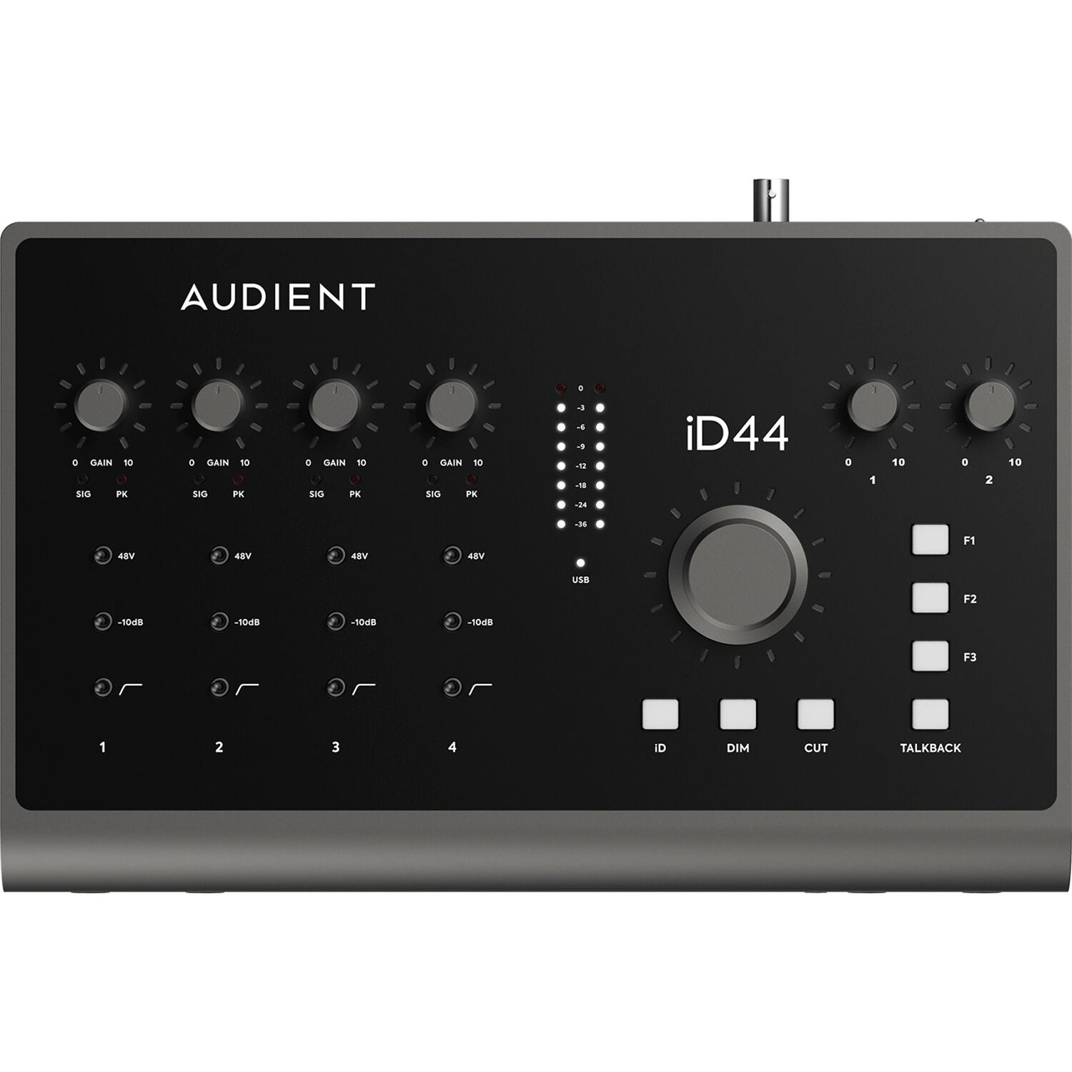 Audient iD44 MK2 audio interface with multiple input/output ports and sleek black design for professional recording setups.