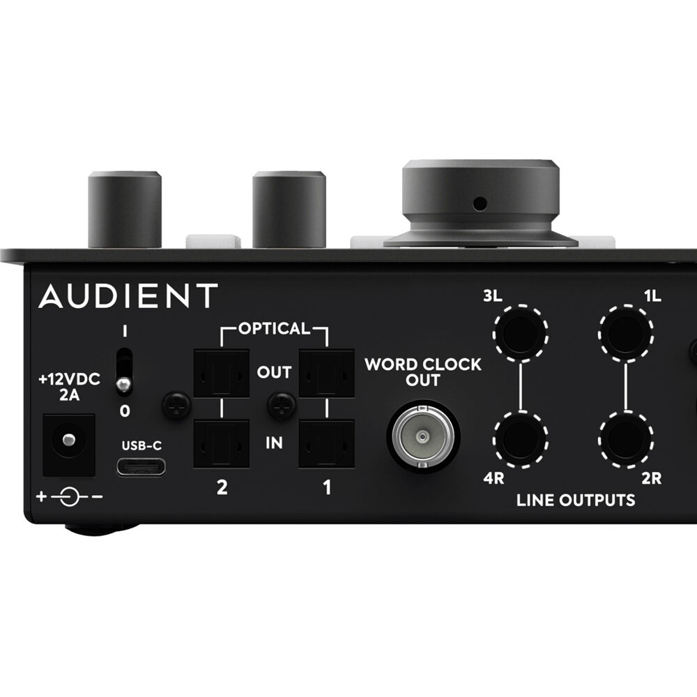 Audient iD44 MK2 audio interface with multiple input and output ports, professional-grade recording equipment.