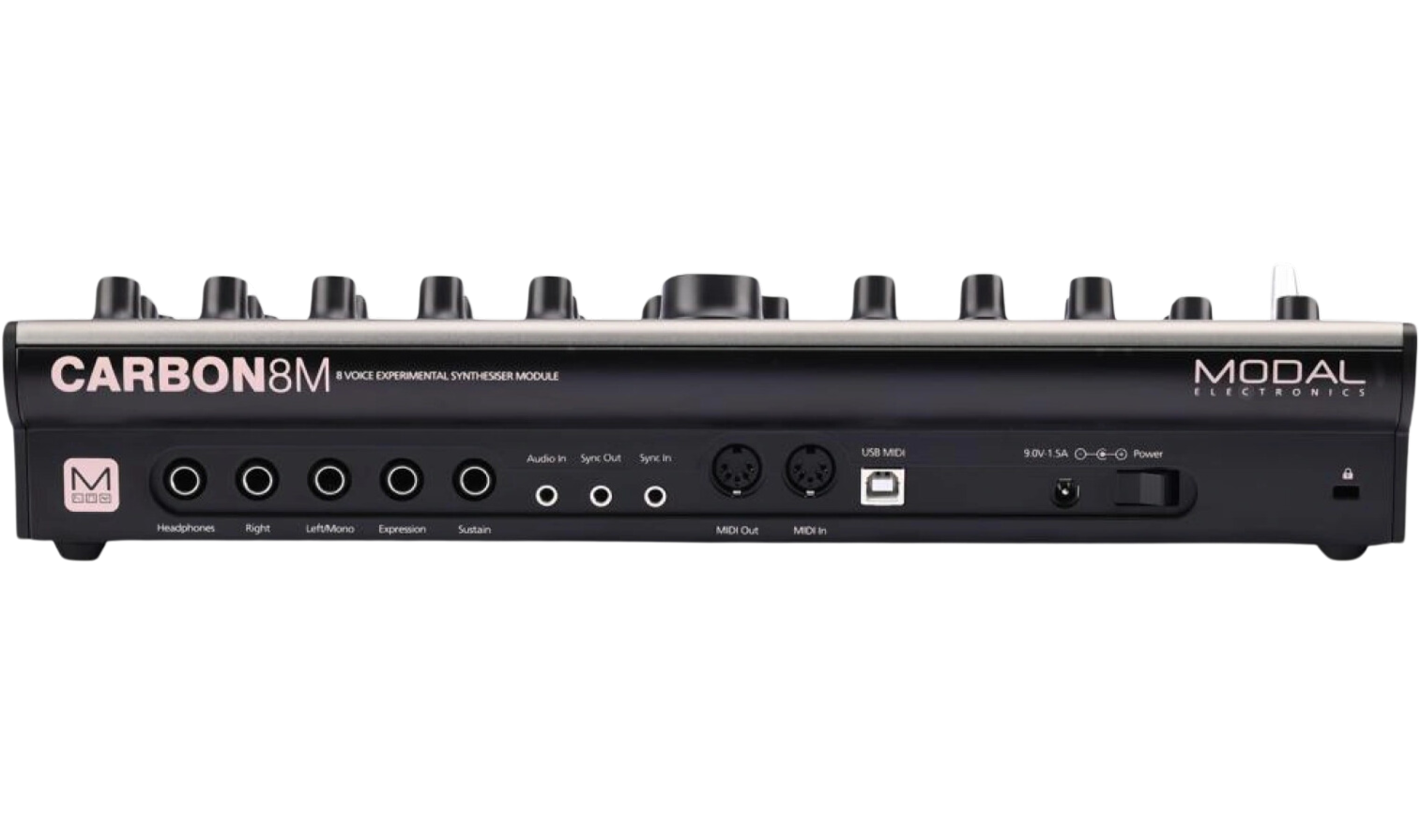 Modal Electronics Carbon8M desktop synthesizer with control knobs, buttons, and a digital display on a sleek black panel.