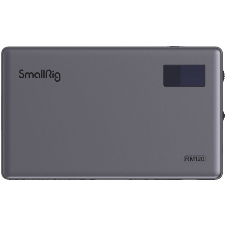 SmallRig RM120 RGB video light showing adjustable color and brightness settings, mounted on a tripod for versatile lighting.
