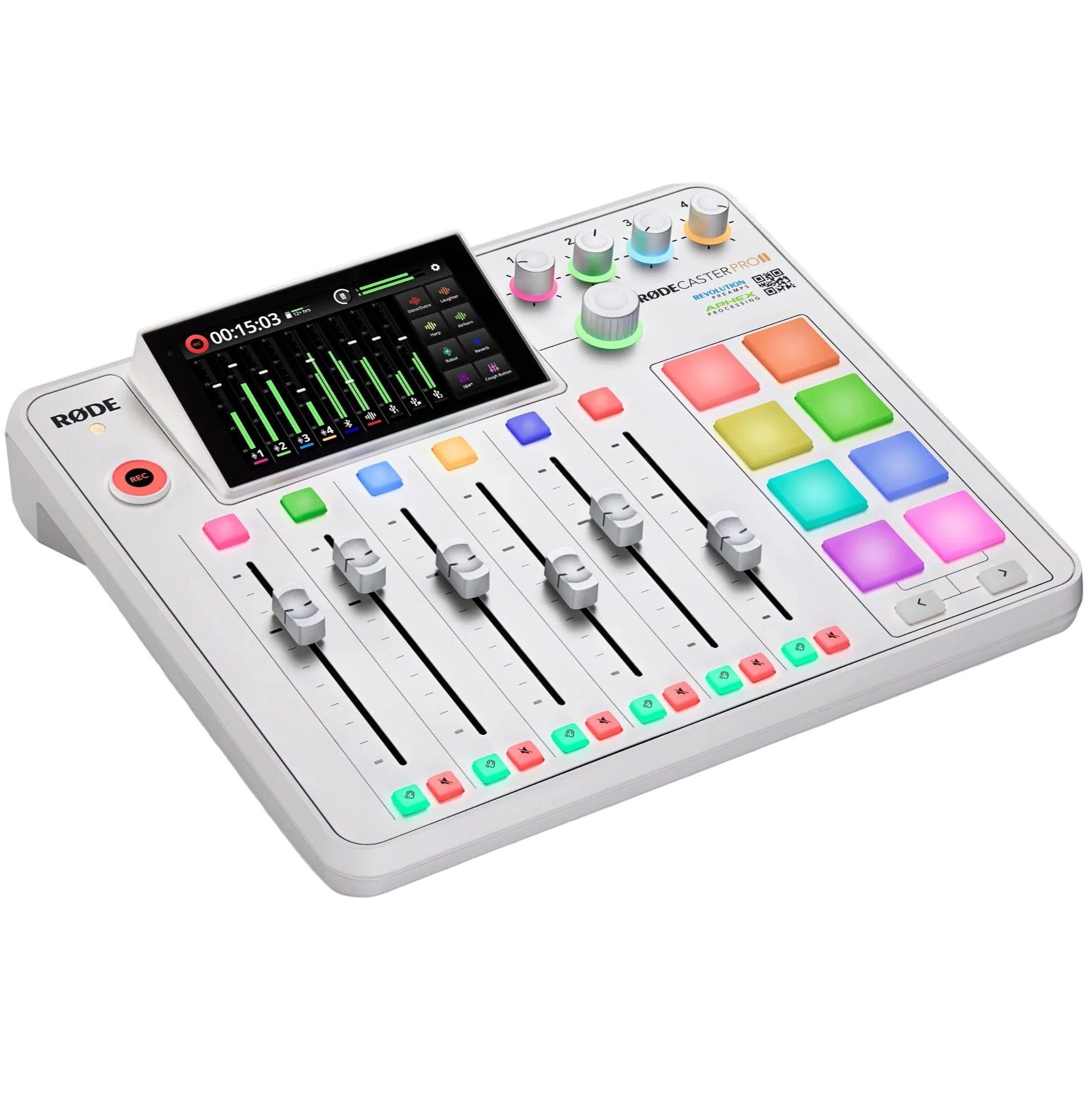 Rode RodeCaster Pro II digital mixer with multiple input channels, control knobs, and a compact design for podcasting and streaming.