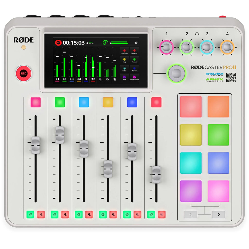 Rode RodeCaster Pro II digital mixer with touchscreen and multiple input ports, designed for professional audio recording and streaming.
