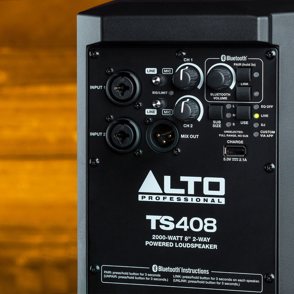 Alto Professional TS408 PA speaker system with black enclosure and control panel, used for live sound reinforcement.