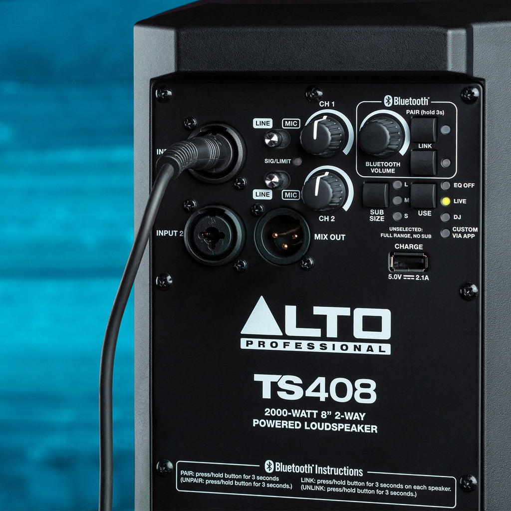 Alto Professional TS408 PA speaker with black enclosure and control panel, designed for live sound and audio reinforcement.