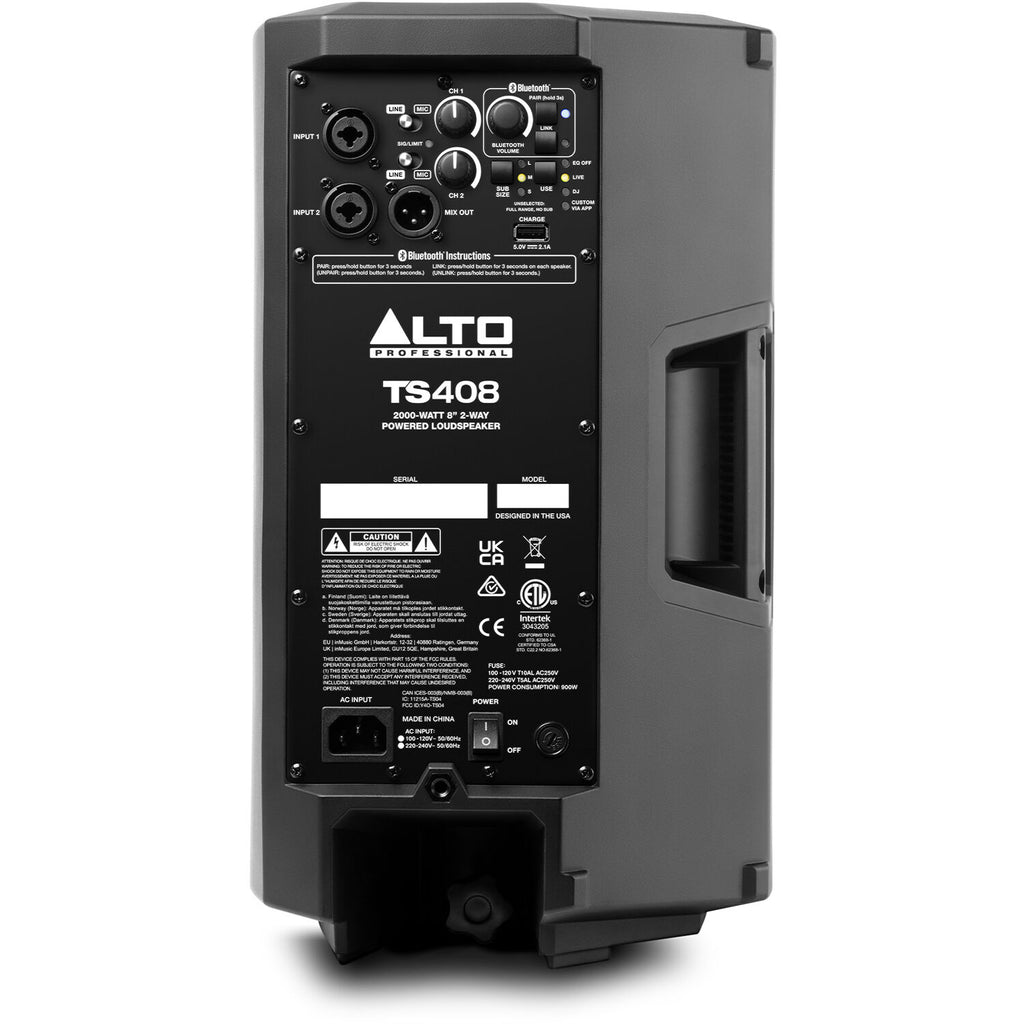 Alto Professional TS408 PA speaker system with black enclosure and control panel, designed for live sound and music performances.