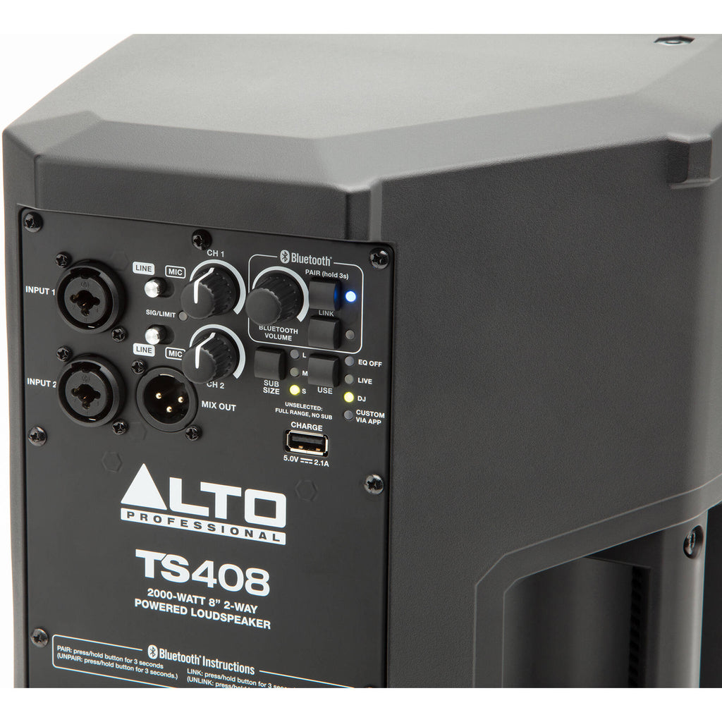 Alto Professional TS408 PA speaker system with black enclosure and control panel, designed for live sound reinforcement.