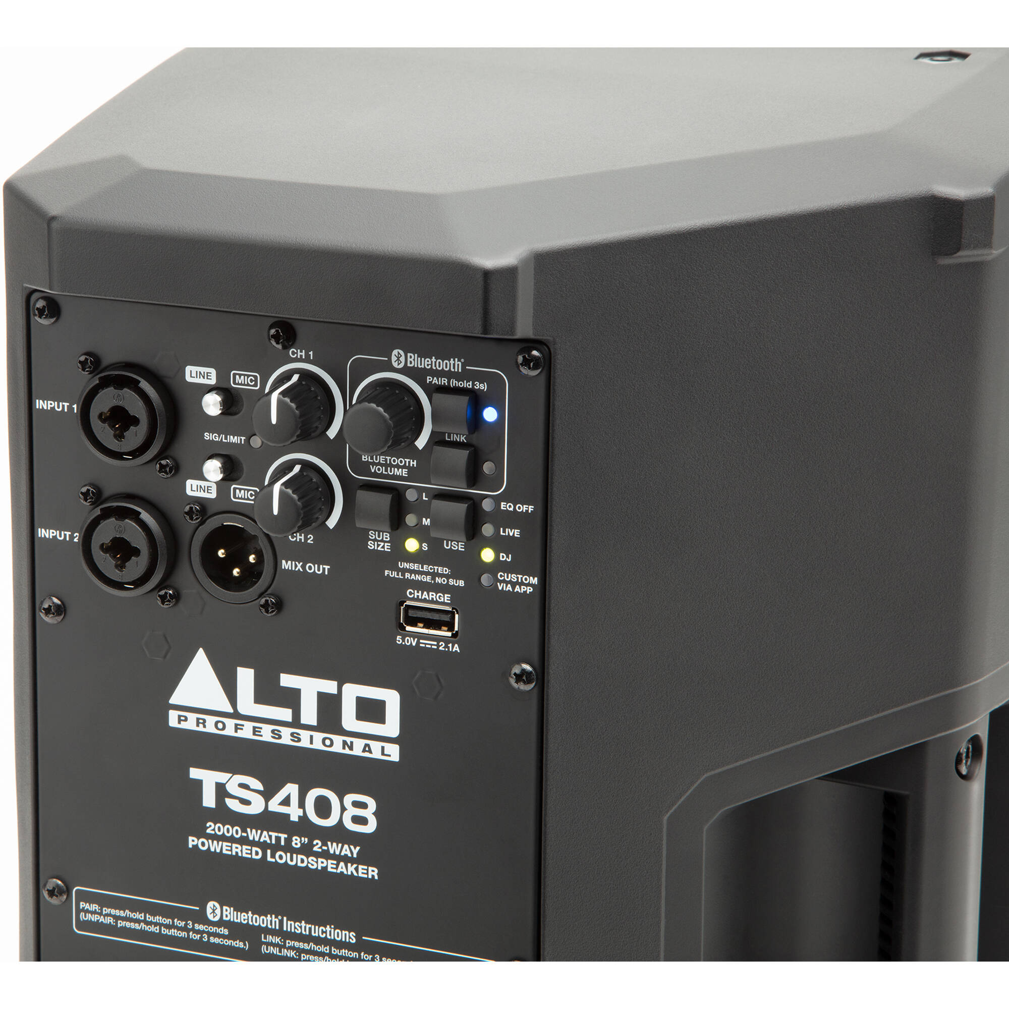 Alto Professional TS408 PA speaker system with black enclosure and control panel, designed for live sound reinforcement.
