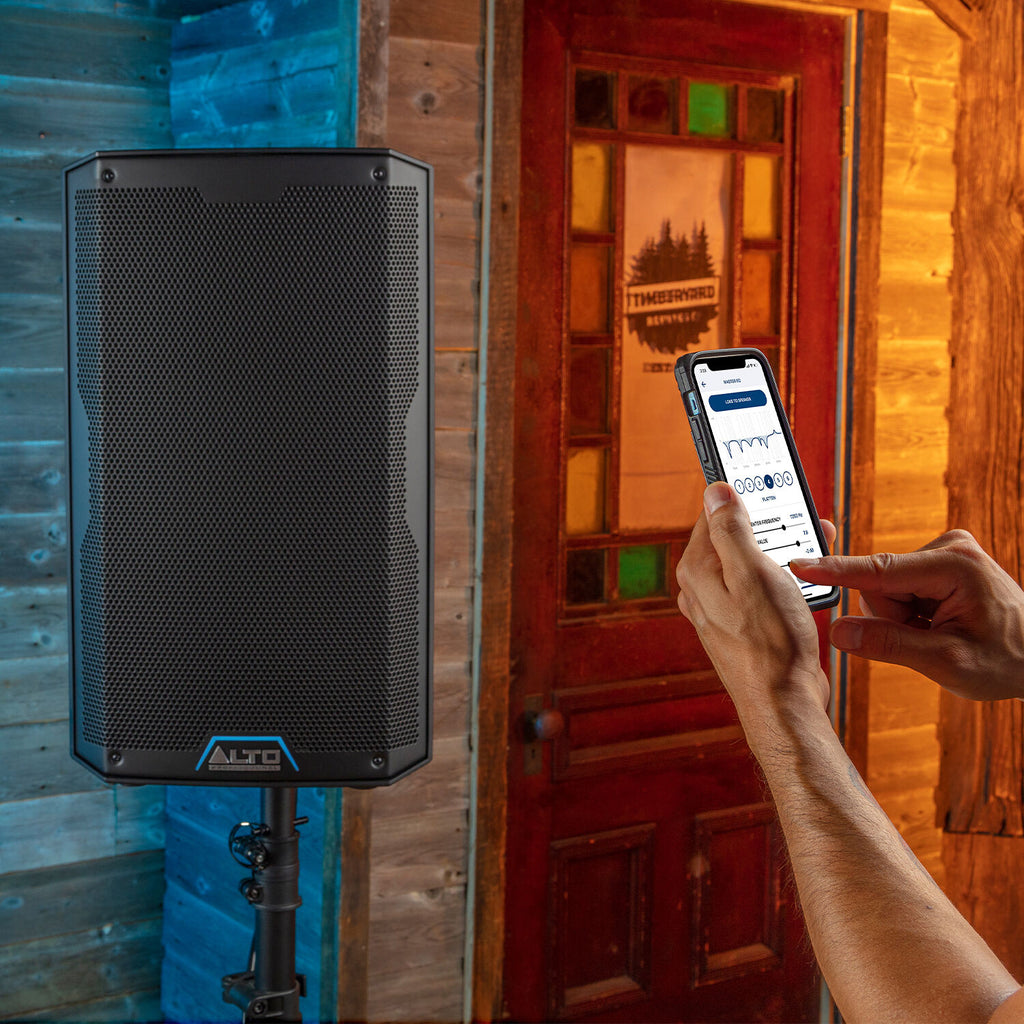 Alto Professional TS408 PA speaker system with black enclosure and control panel, designed for live sound reinforcement.