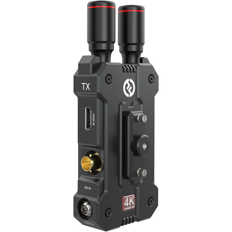 Hollyland Mars 4K wireless video transmitter setup, compact device with antenna and control buttons for professional video transmission
