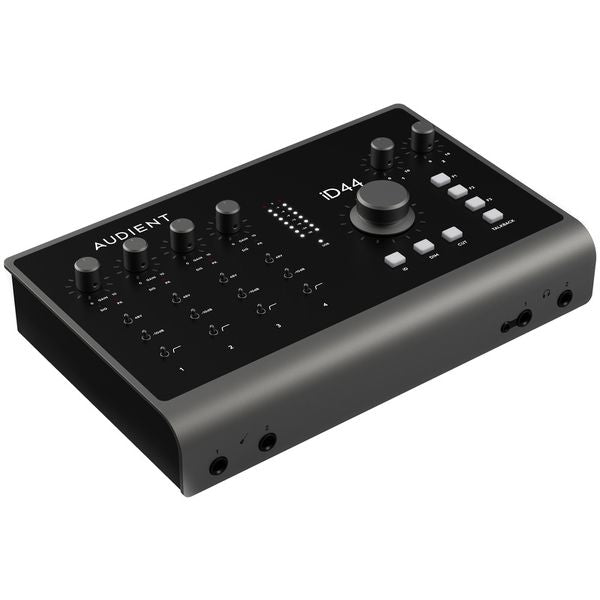 Audient iD44 MK2 audio interface with multiple input and output ports, USB connection, and sleek black design.
