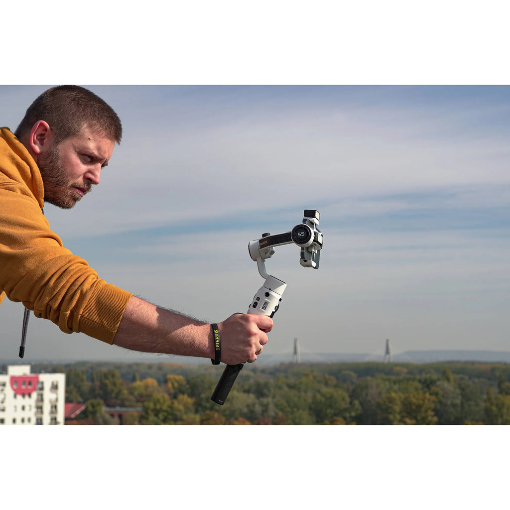 Zhiyun Smooth 5S handheld gimbal stabilizer for smartphones, showing its sleek design and control handles.