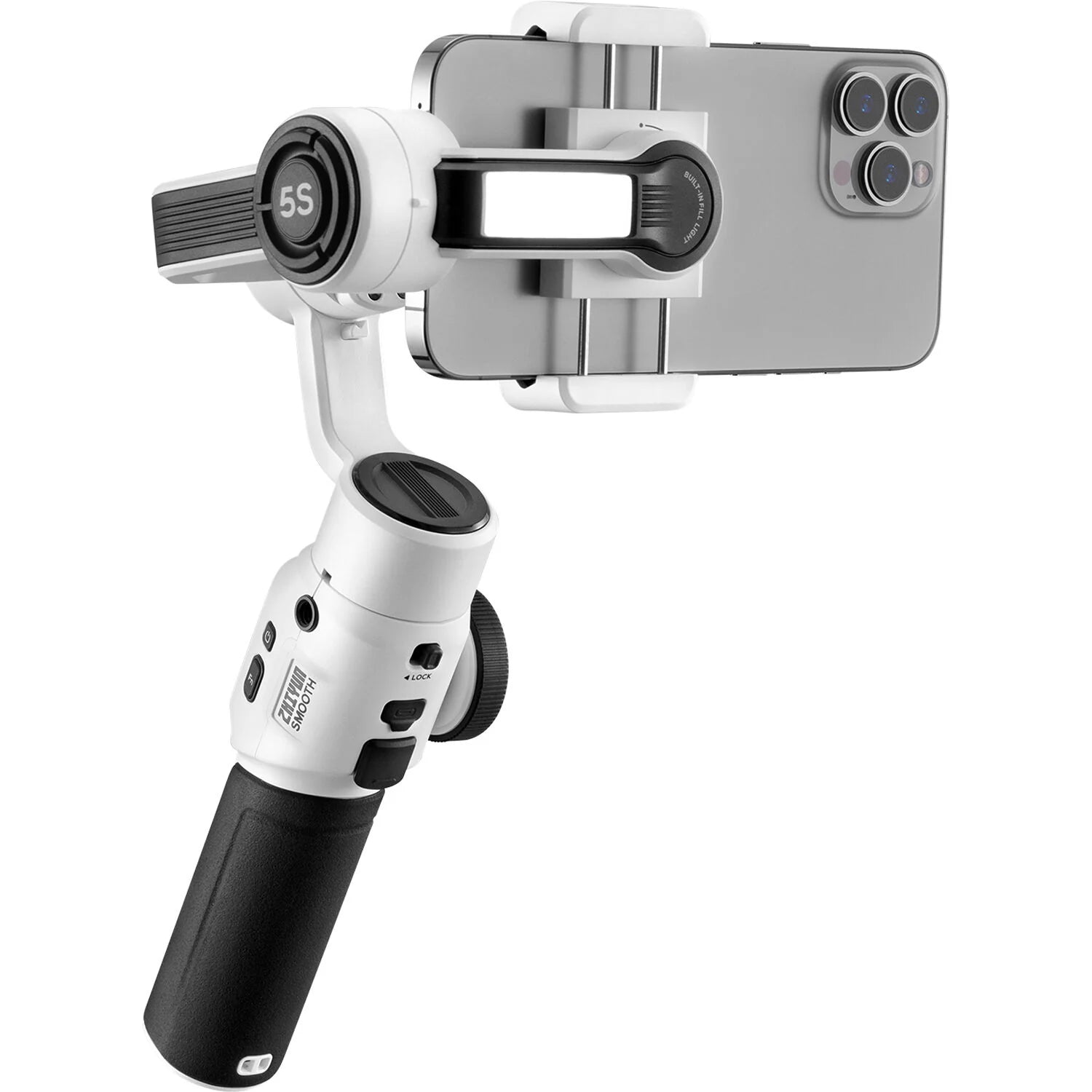 Zhiyun Smooth 5S handheld gimbal stabilizer for smartphones, featuring adjustable controls and ergonomic design.
