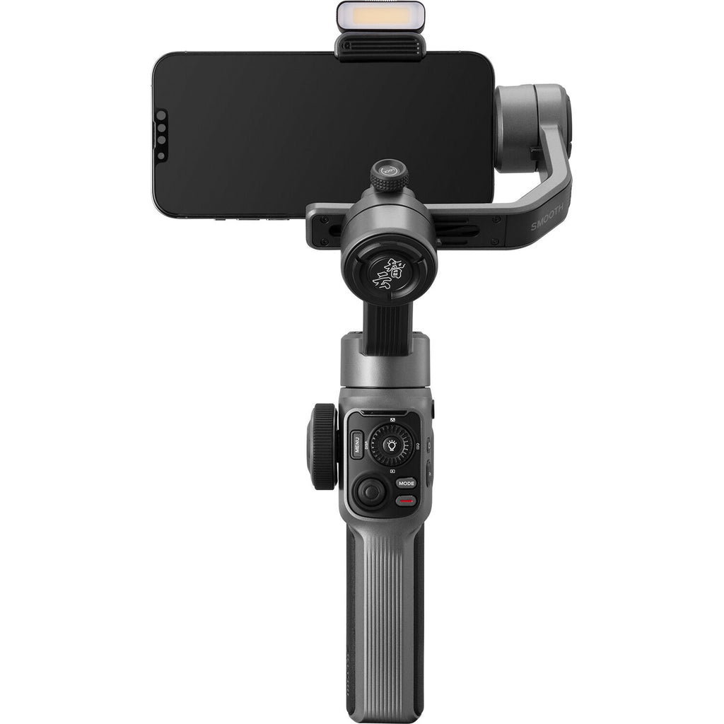 Zhiyun Smooth 5S gimbal stabilizer for smartphones, showing its sleek design and control handle in a close-up image.