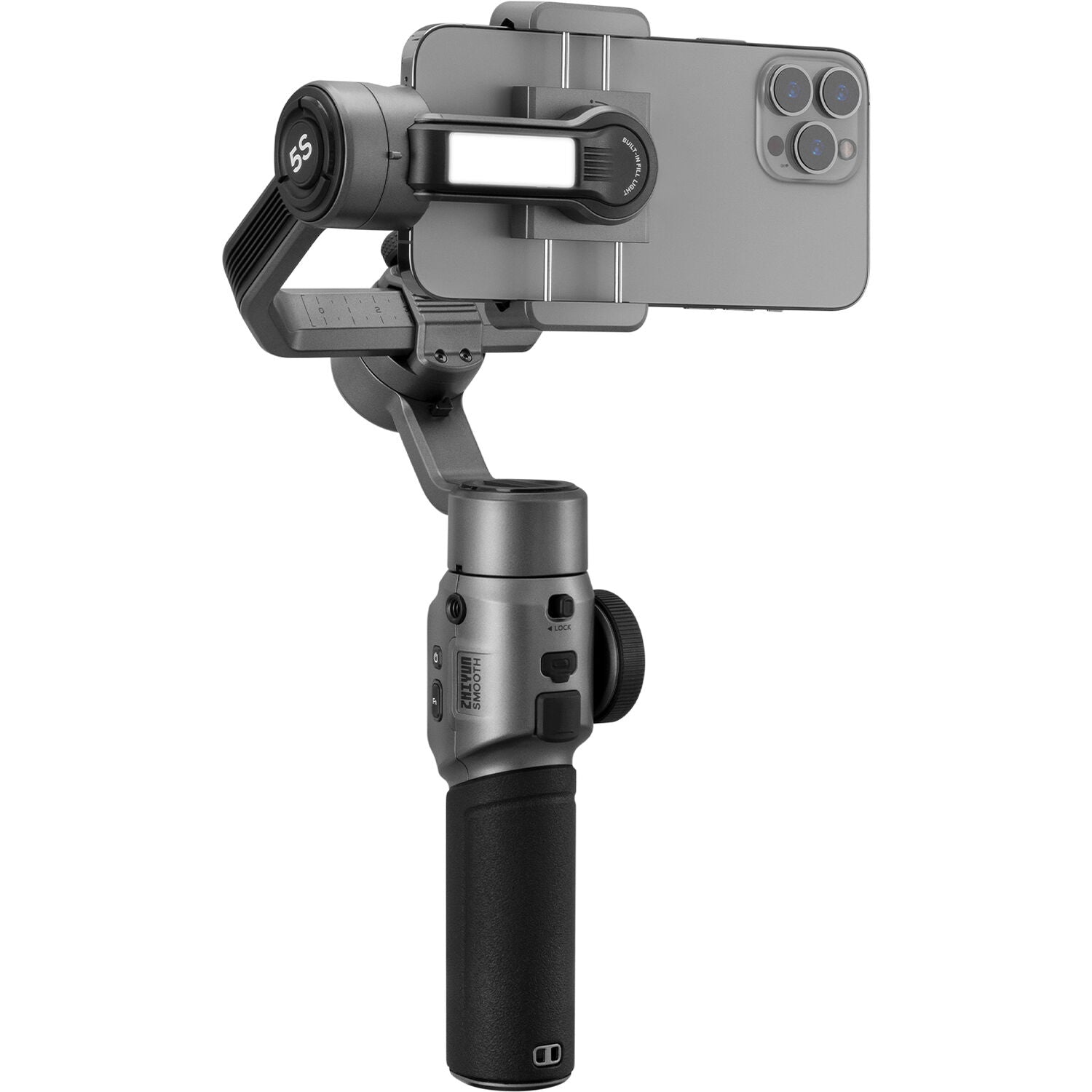 Zhiyun Smooth 5S handheld stabilizer and gimbal for smooth video recording, shown with smartphone mounted in a sleek black design.