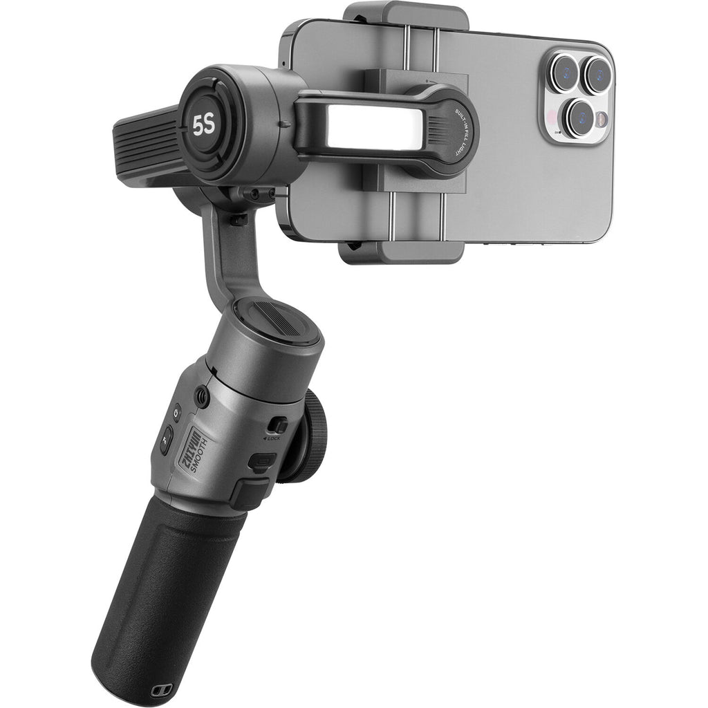 Zhiyun Smooth 5S stabilizer gimbal for smartphones, showing the device with handles and mounted phone for smooth video recording.