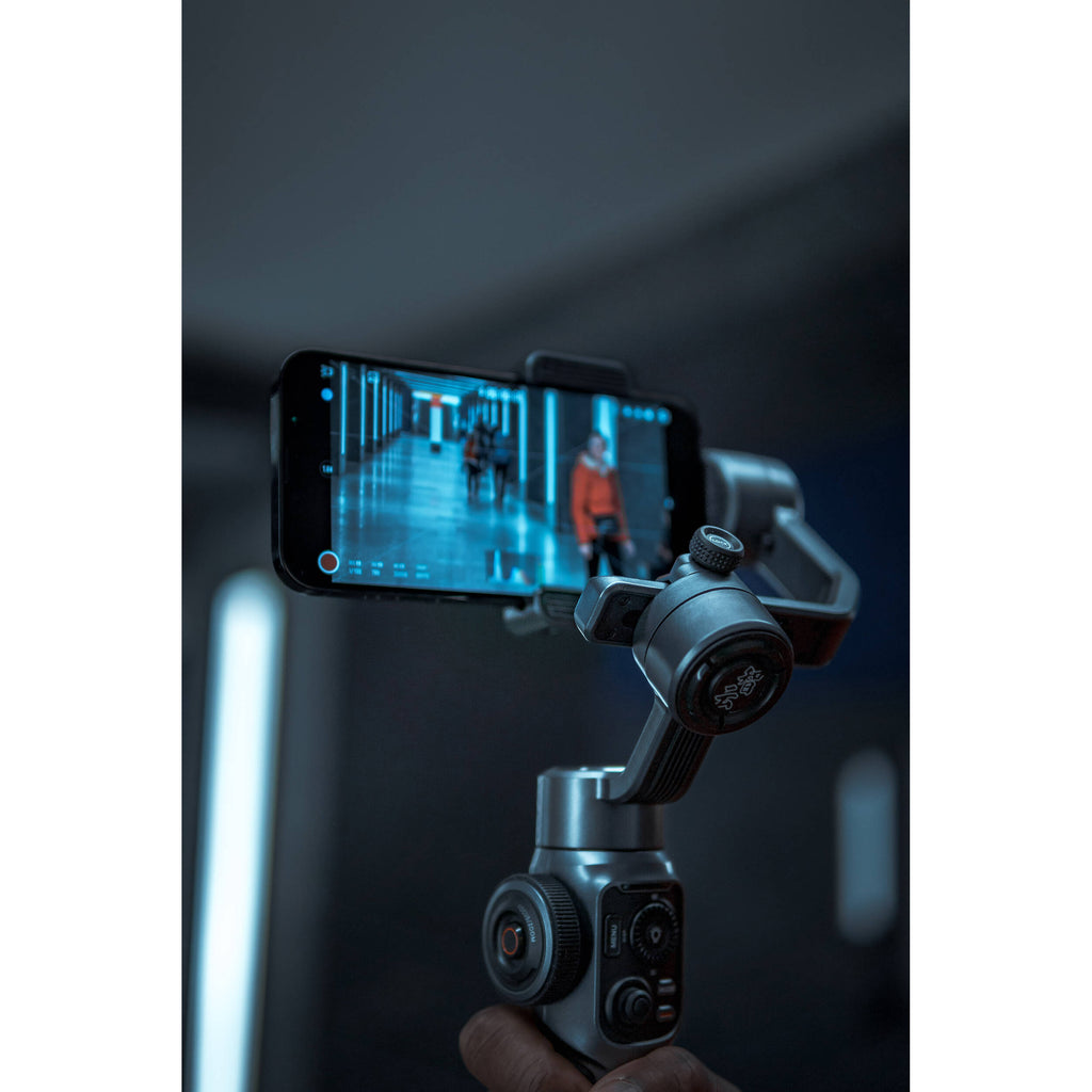 Zhiyun Smooth 5S handheld gimbal stabilizer for smartphones, showing its sleek design and control handle.