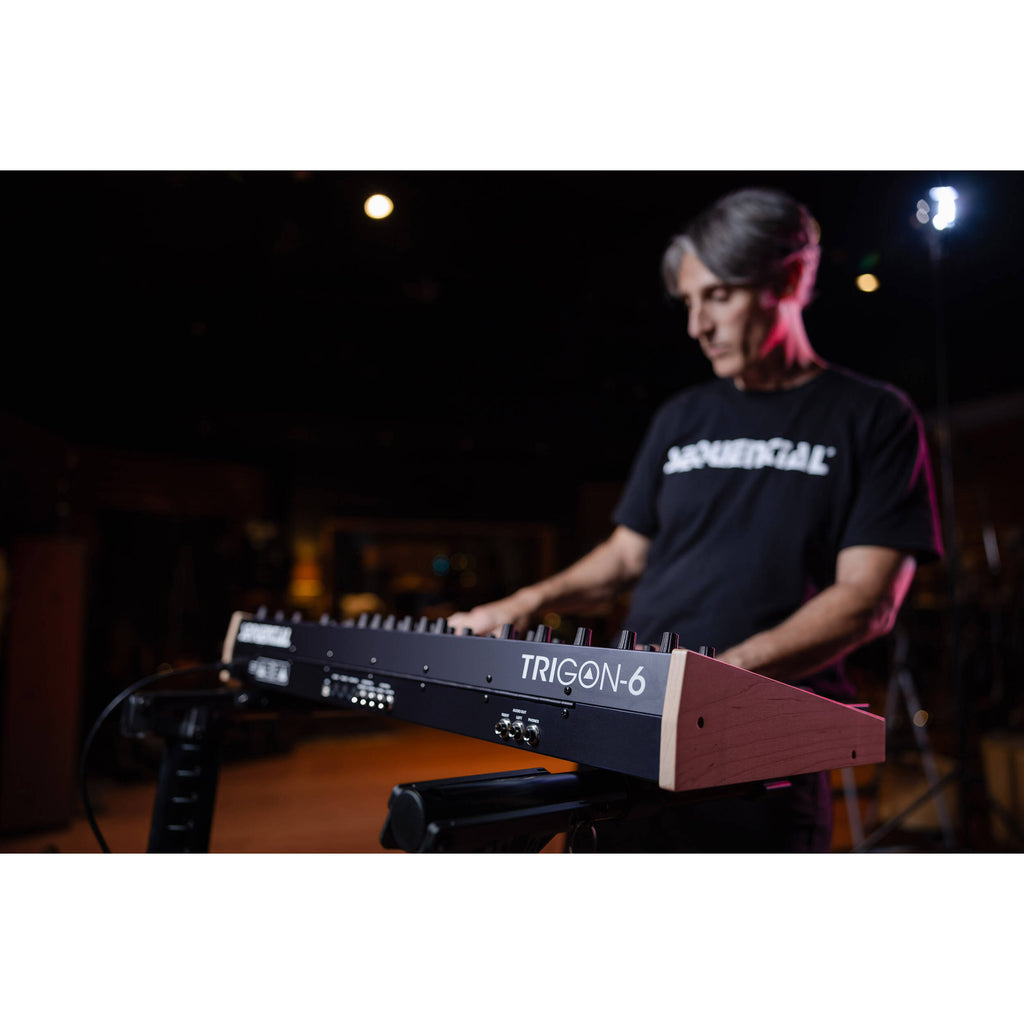 Sequential Trigon-6 synthesizer with a compact keyboard and control panel featuring knobs and buttons for sound shaping.