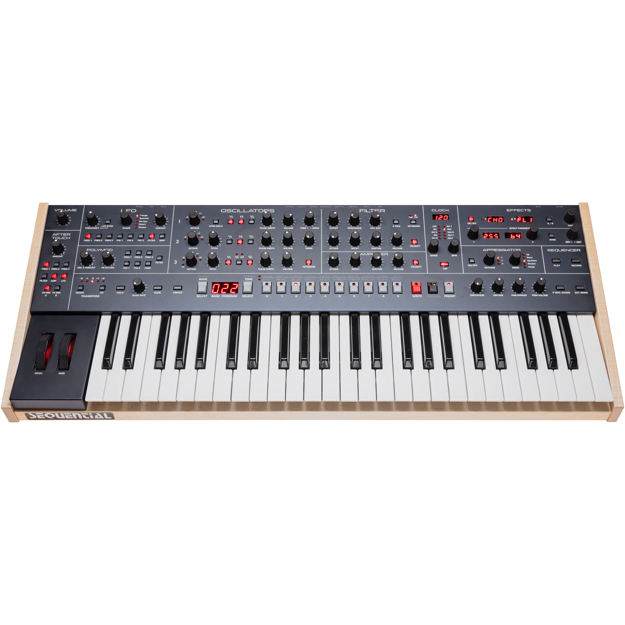Sequential Trigon-6 synthesizer with keyboard and control panel, showcasing its compact design and interface.