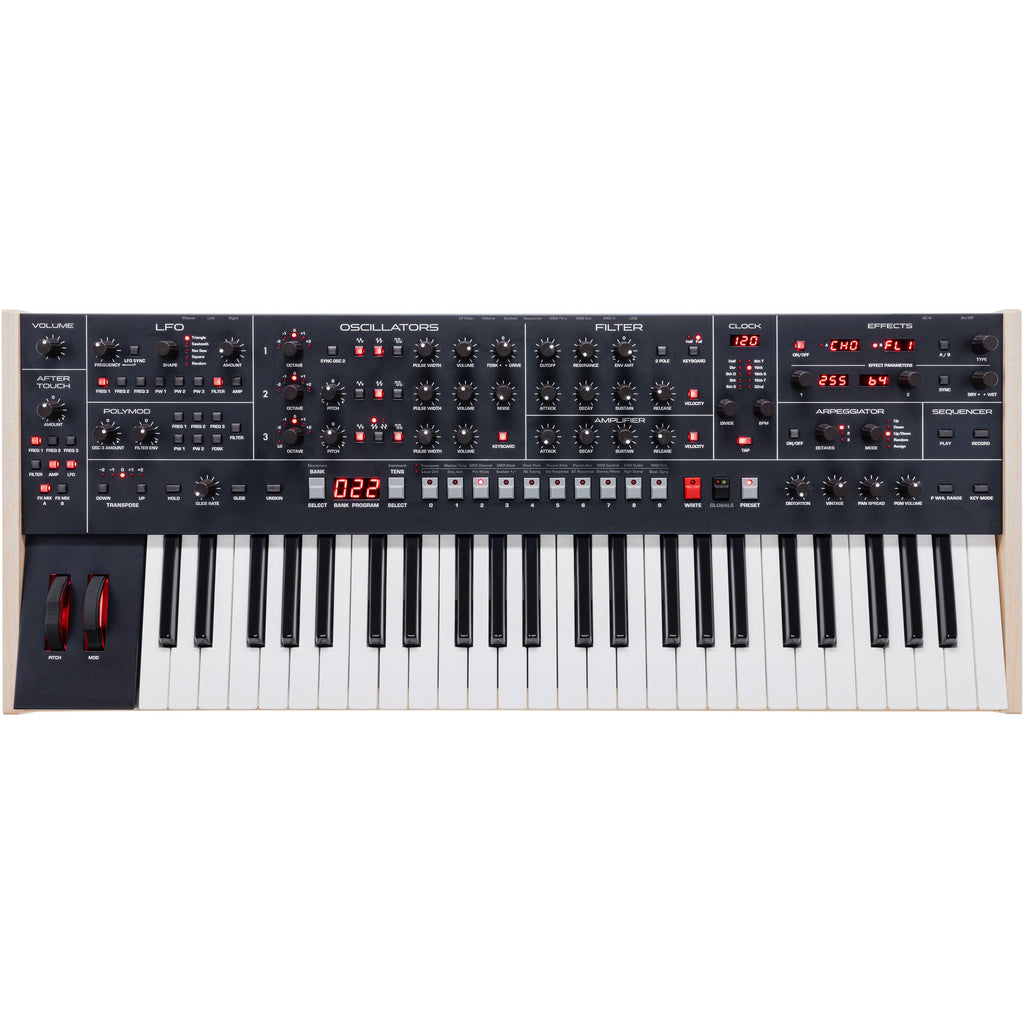Sequential Trigon-6 synthesizer with digital interface, featuring multiple knobs and buttons for sound modulation and control.