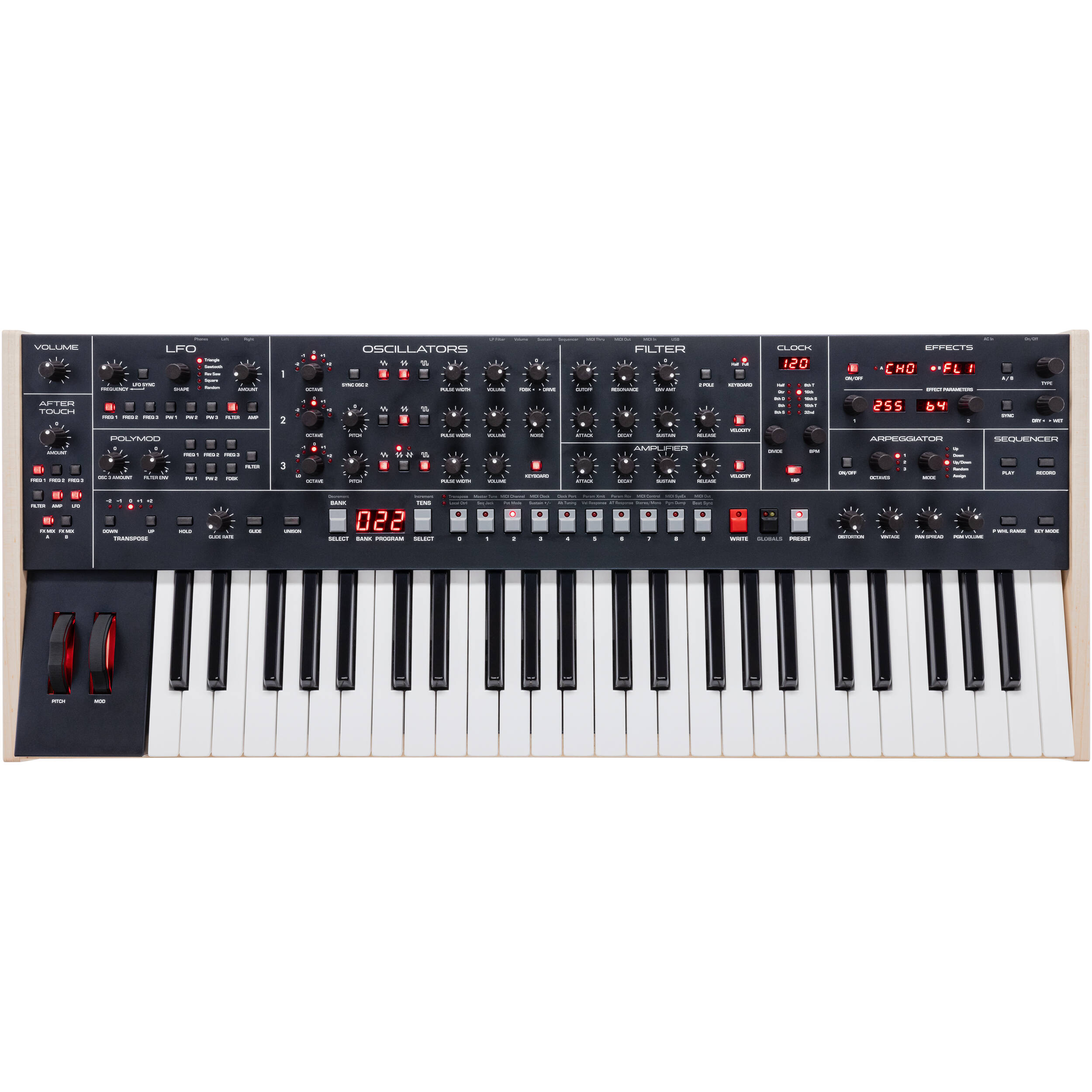 Sequential Trigon-6 synthesizer with digital interface, featuring multiple knobs and buttons for sound modulation and control.