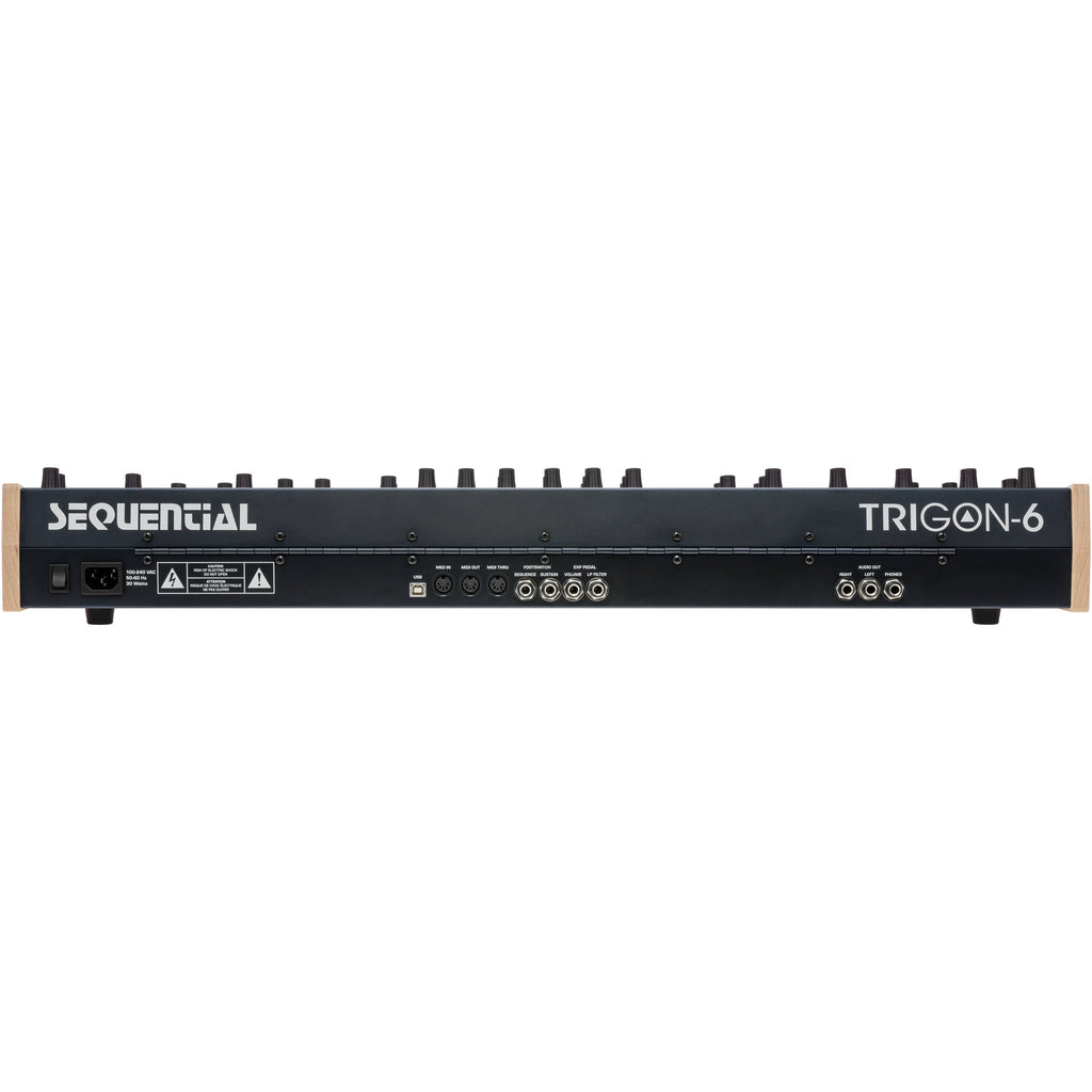 Sequential Trigon-6 synthesizer with vintage-style knobs, display, and multiple control buttons on a sleek black panel.