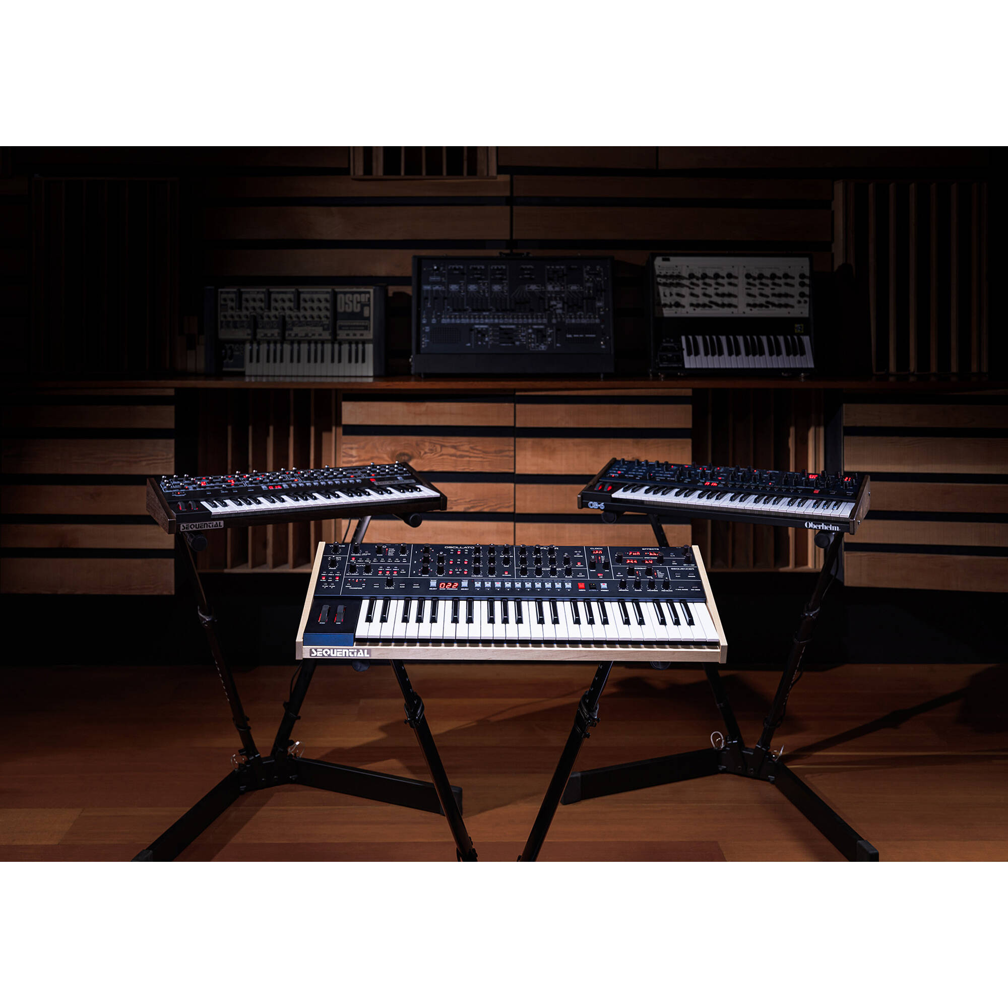 Sequential Trigon-6 synthesizer with multiple knobs, buttons, and a sleek black design, showcasing its compact and modern interface.