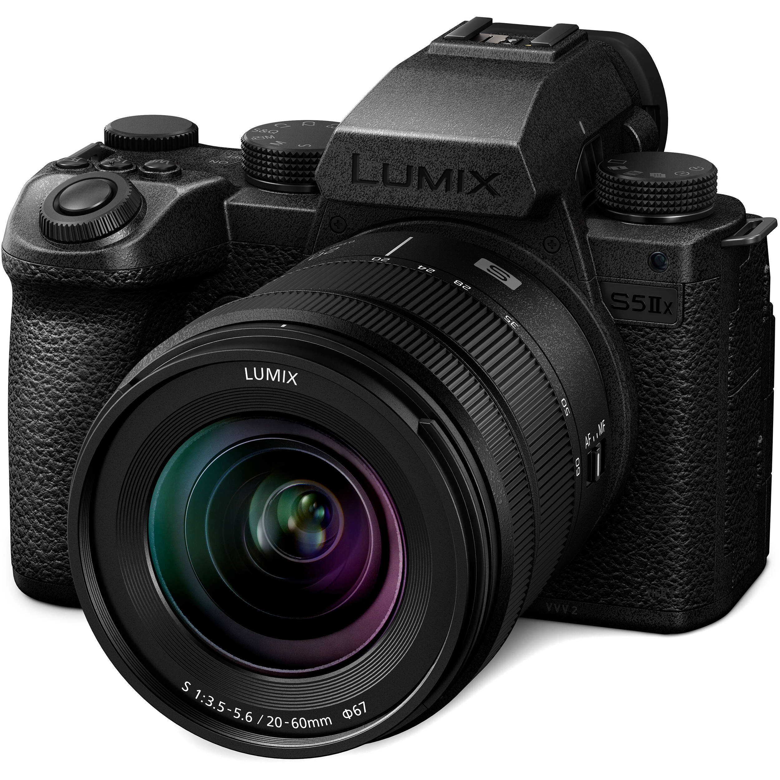 Panasonic Lumix S5M2X video camera with 20-60mm lens kit, showing the sleek camera body and lens setup for professional videography