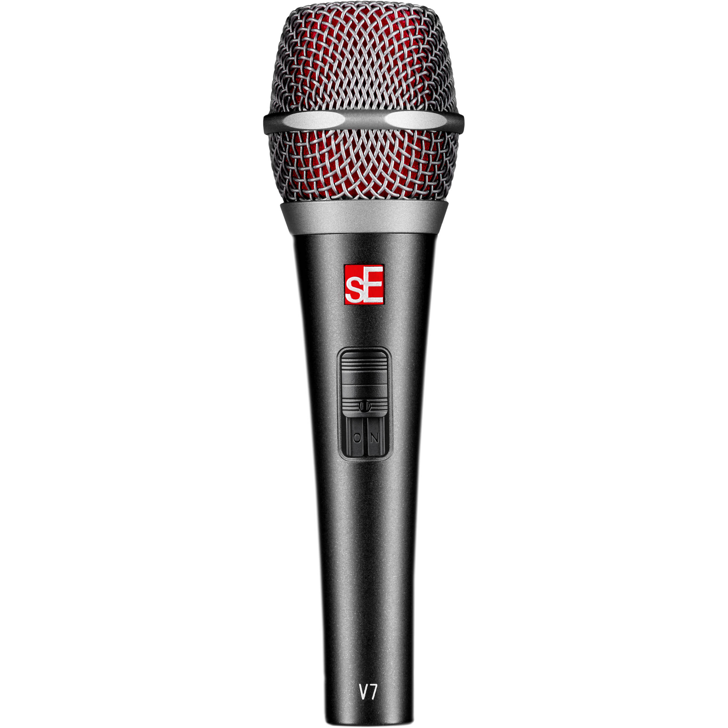 SE Electronics V7 dynamic microphone with switch, showing the professional handheld microphone design and controls.